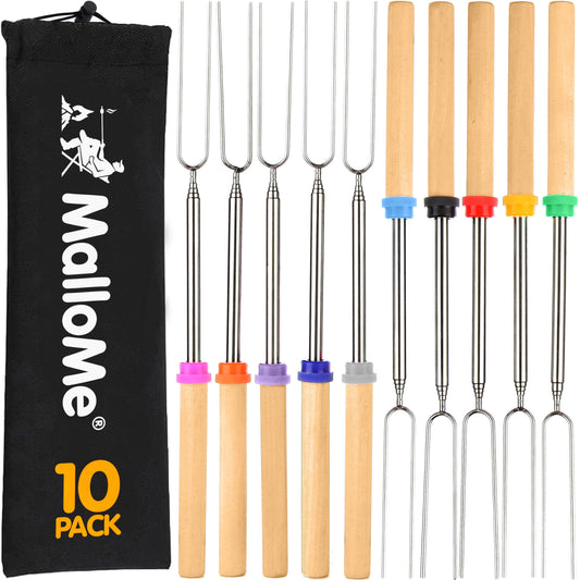 MalloMe Marshmallow Roasting Sticks - Smores Skewers for Fire Pit Kit - Hot Dog Camping Accessories Campfire Marshmellow 32 Inch Long Fork - 10 Pack