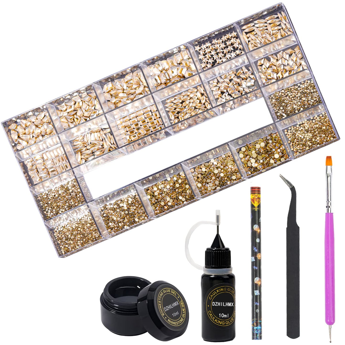 HNUIX Nail Rhinestones - 4550pcs Champagne Gold, Multiple Shape Gems, Flatback Crystal Rhinestones, with Kit and Glue Gel, for Nail Art