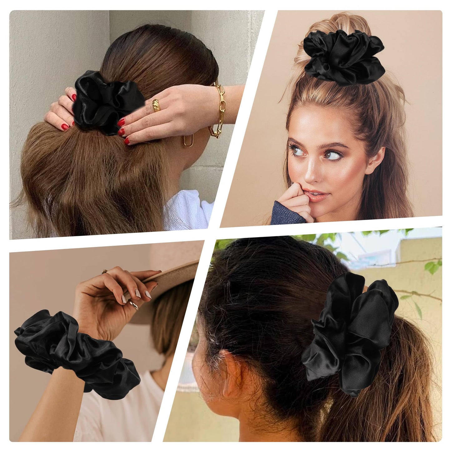 Black Scrunchies Hair Ties for Women - Big Satin Scrunchie Exra Large Jumbo Gaint Oversized Cute Scrunchy for Curl Thick Hair Ligas Para el Cabello De Mujer Decorations Hair Accessories