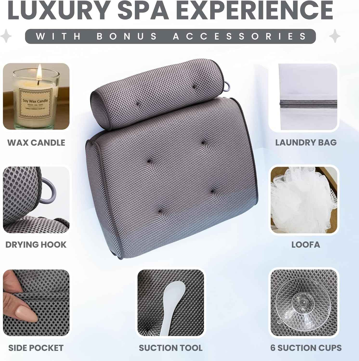 SunSerenity Luxury Bath Pillow for Tub - Relaxing Bath Tub Accessory – Bath Tub Pillow for Head and Back, Unscented Candle, Sponge Loofah, Laundry Bag, & Suction Tool – Grey on Grey