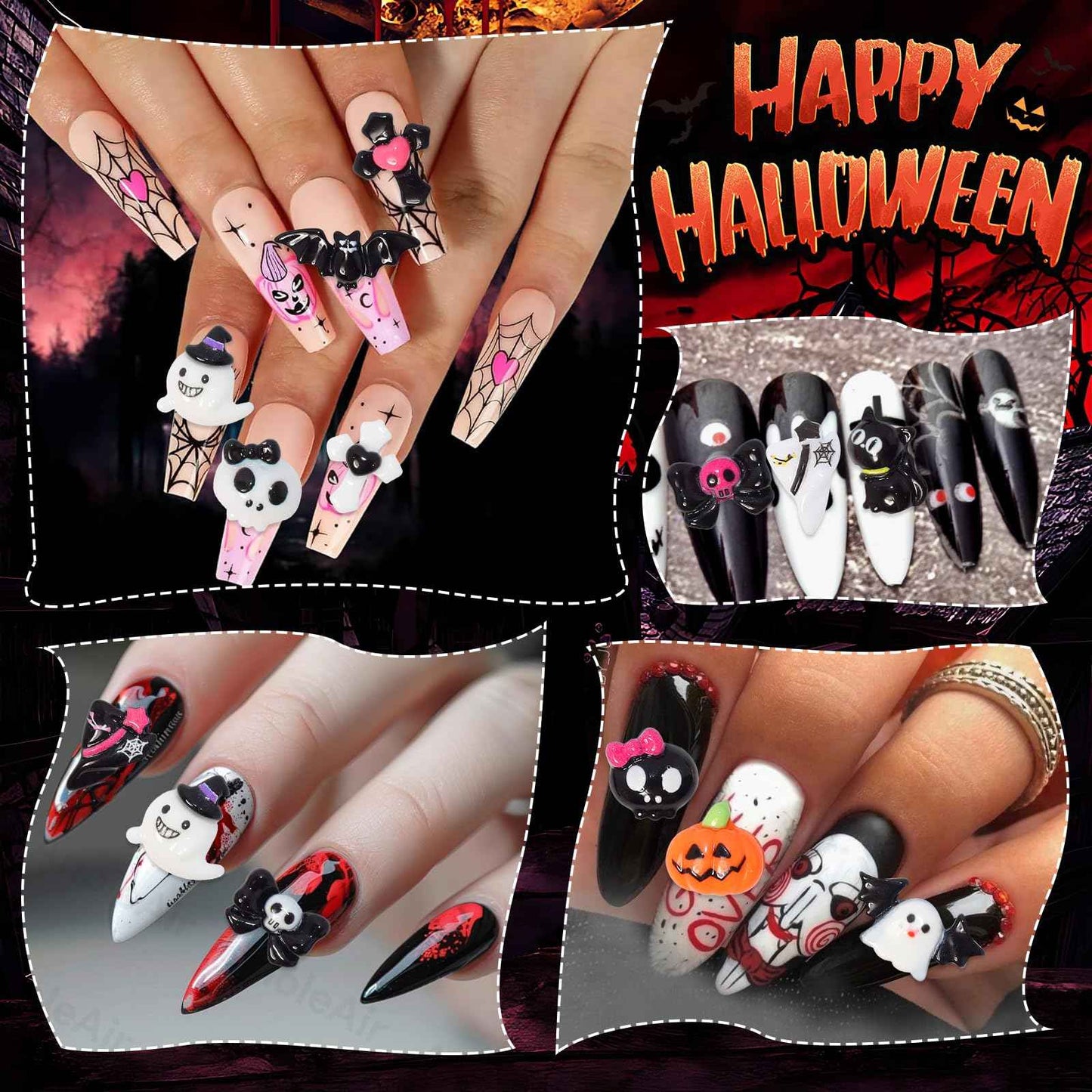 Halloween Resin Charms, 3D Vintage Punk Spider Skull Pumpkin Ghost Bat Nail Art Charms, Halloween Gothic Mini Figurines Charm for Nail Art Supplies DIY Crafts Accessories