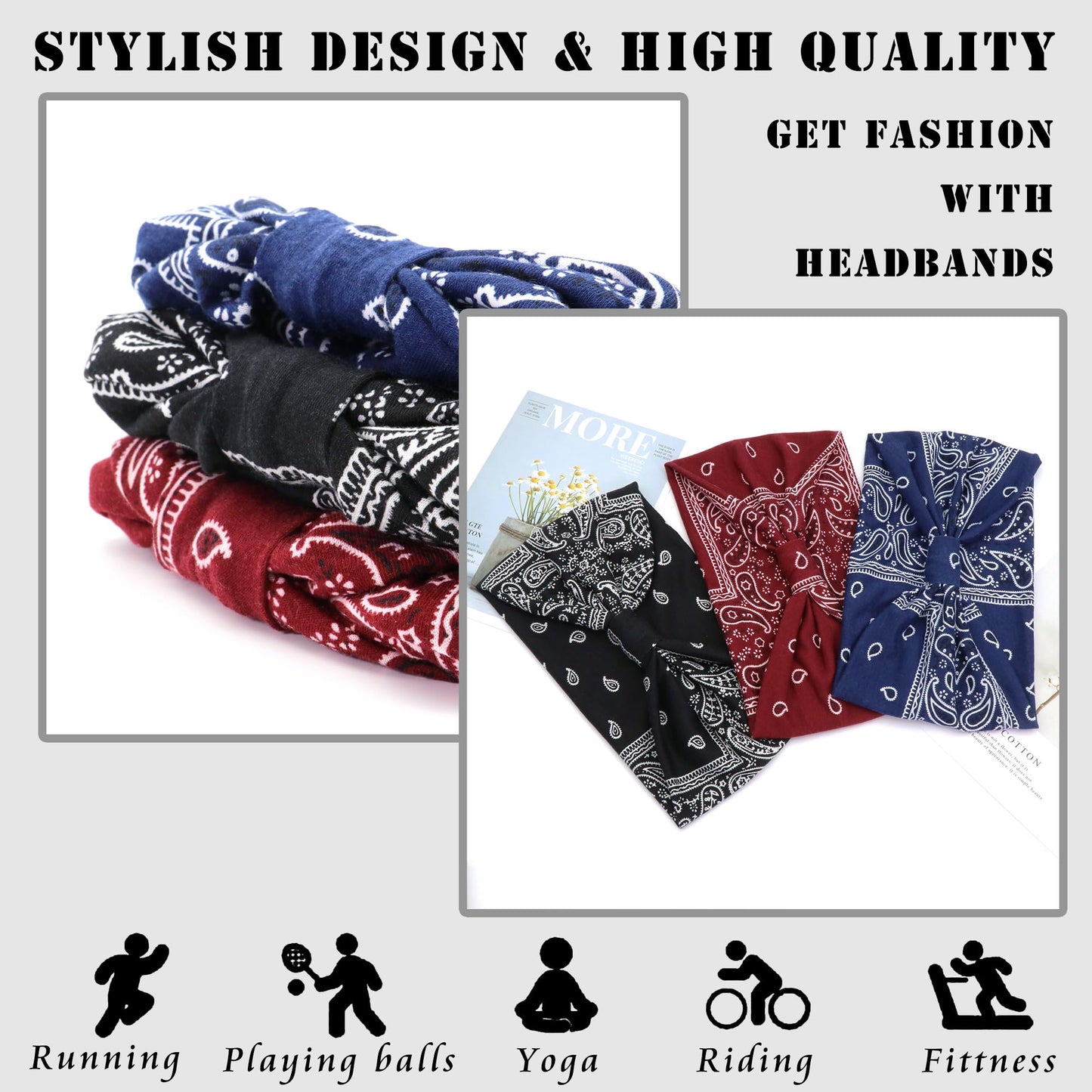 FULZTEY Wide Boho Headbands for Women Knotted Turban Retro Paisley Printed Head Bands Non Slip Hairbands Elastic Workout Yoga Sweatbands Soft Bandanas Fashion Hair Accessories for Girls Pack of 3