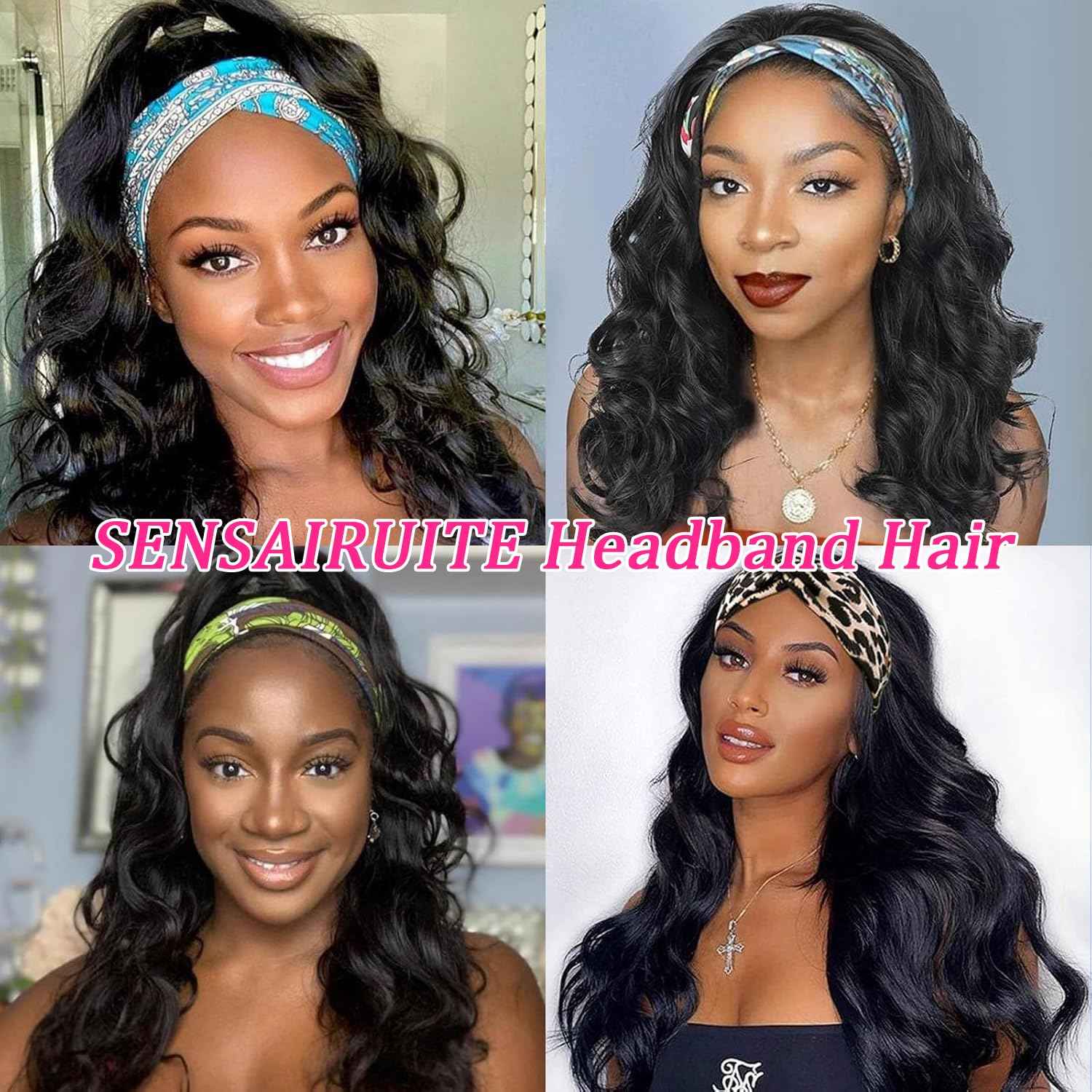 SENSAIRUITE Headband Wig Human Hair Body Wave 14 Inch None lace Front Wear and Go Glueless Headband Wig for Black Women Natural Black Color 180% Density
