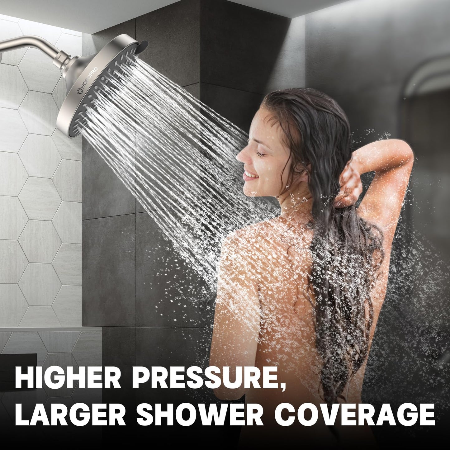 HOPOPRO 5-Mode High Pressure Shower Head - High Flow Fixed Showerheads Bathroom Rain Showerhead (6 Inch Brushed Nickel)