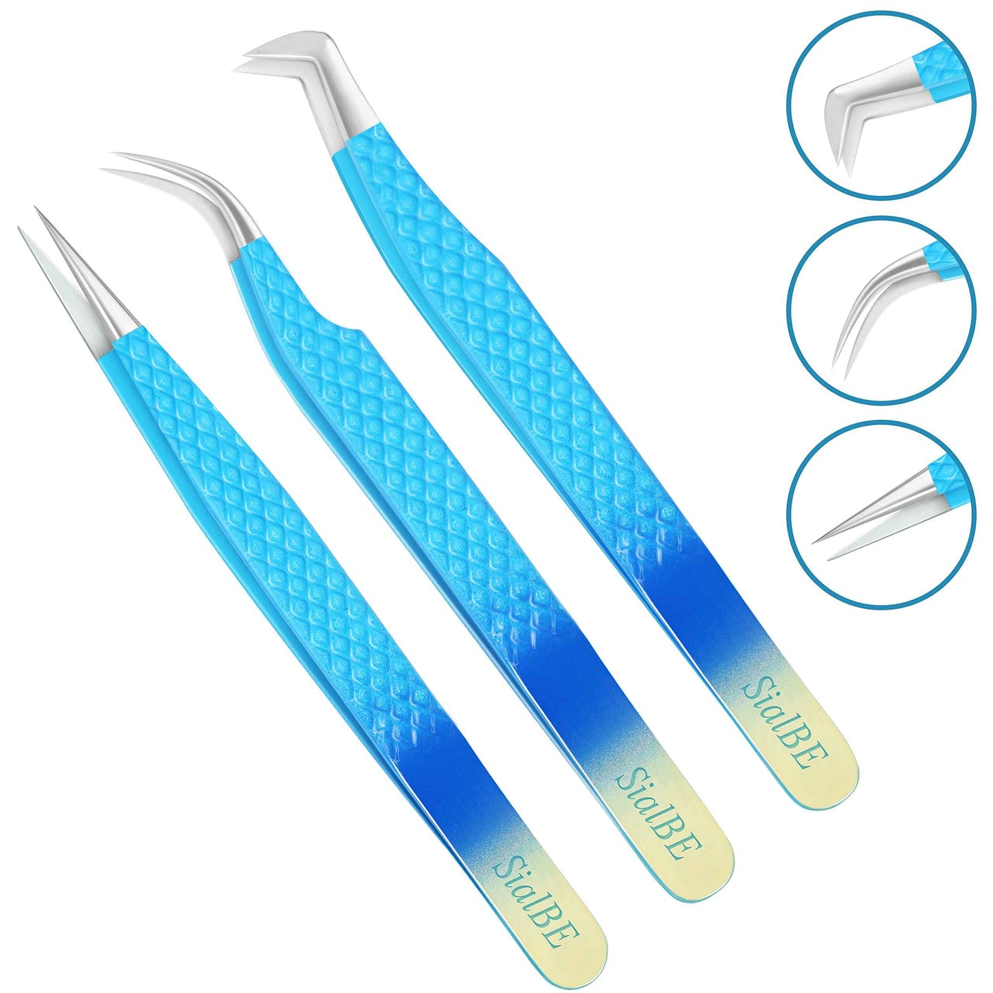 Eyelash Extension Tweezers-3 Pcs Diamond Grip Lash tweezers For Eyelash Extensions-SialBE Straight And Curved L-Shape Eyelash Tweezers, Tweezers For Eyelash Extensions With Silver Tip, Sam-333