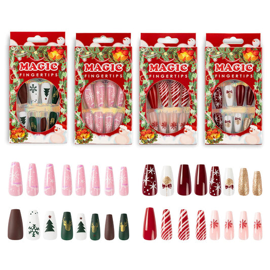 Noverlife 96PCS Christmas Long Coffin Press on Nails with Self Adhesive Jelly Nail Glue Tabs, Xmas Nail Art Decoration Ballerina False Nail Tips, Festive Holiday Fake Nails with Christmas Nail Design