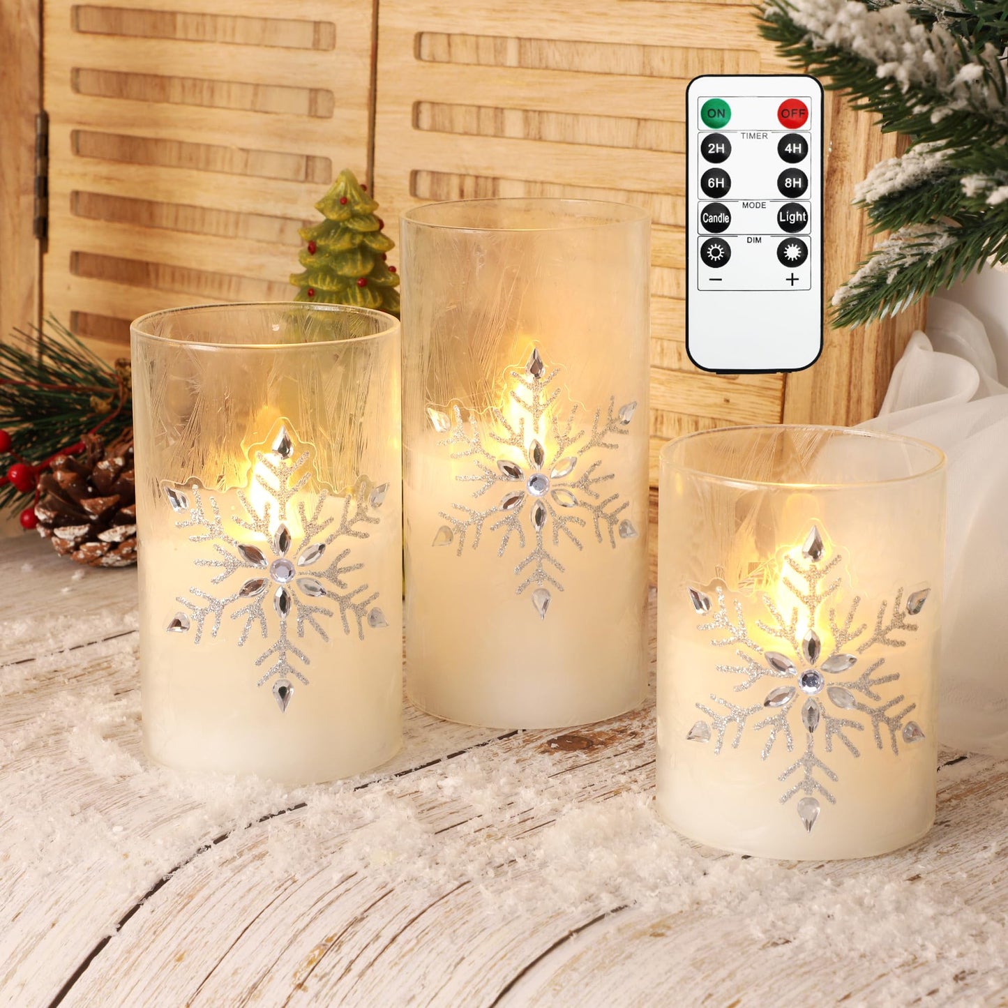 MELTONE Christmas Snowflake LED Candles Real Wax Flickering Glass Flameless Candles with Remote - Home Bedroom Party Holiday Decorations - Set of 3