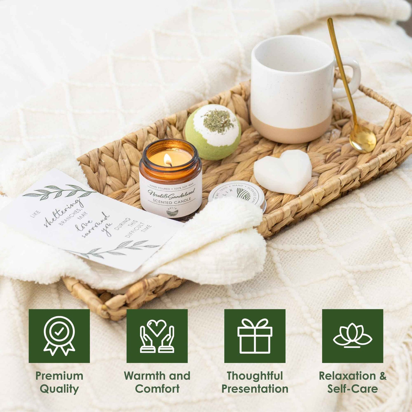 Sympathy Gift Baskets for Women – 8 Thoughtful & Cozy Items (Blanket and Candle Gift Set with Mug, Socks & More) – Sympathy Gifts for Loss of Loved One, Get Well, or Self Care Gifts for Women