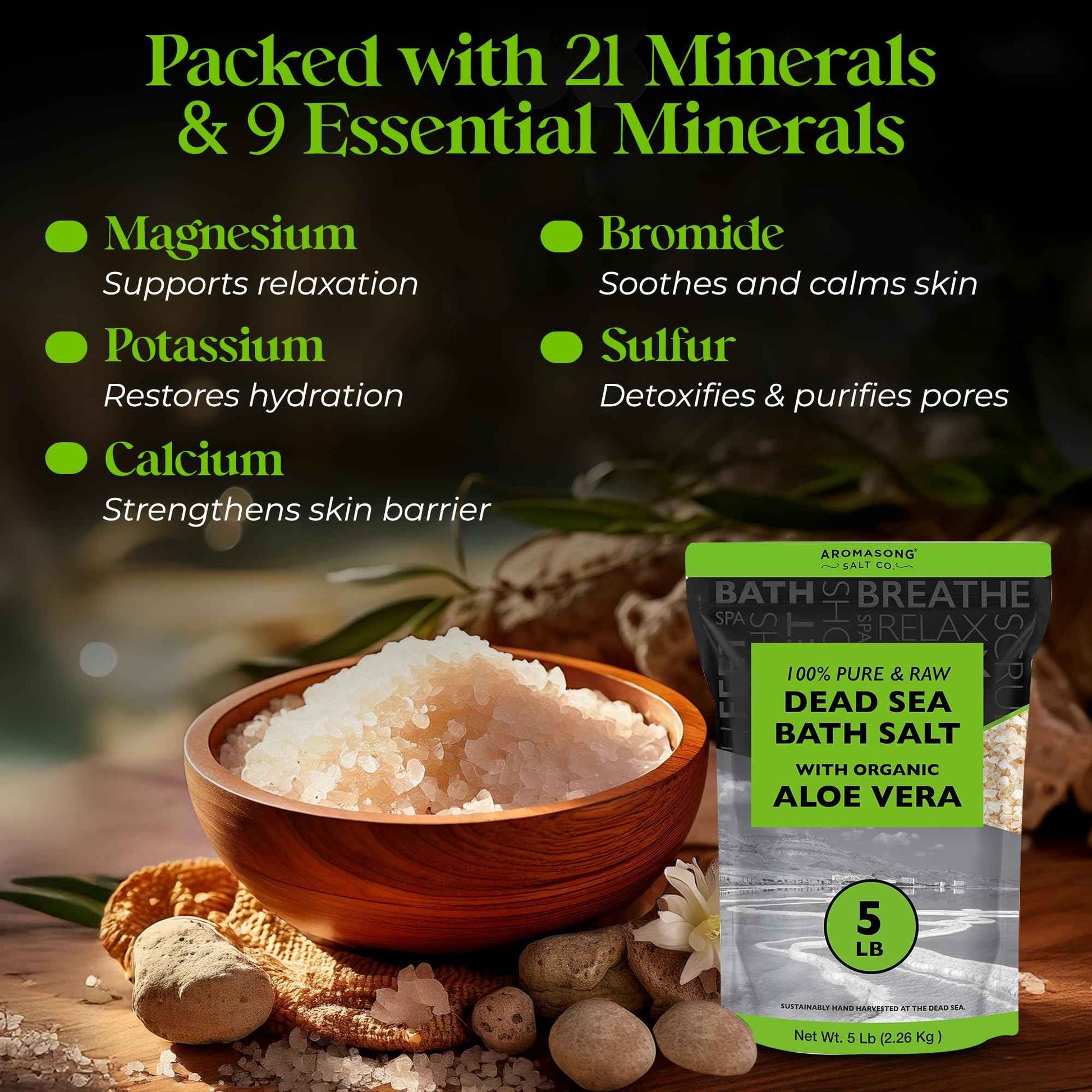 Aromasong 5 lbs Raw Dead Sea Salt with Organic Aloe Vera, not Cleaned, Still Contains All Dead sea Minerals Including Dead sea Mud, Fine Medium Grain Large resealable Bulk Pack (Packaging May Vary)