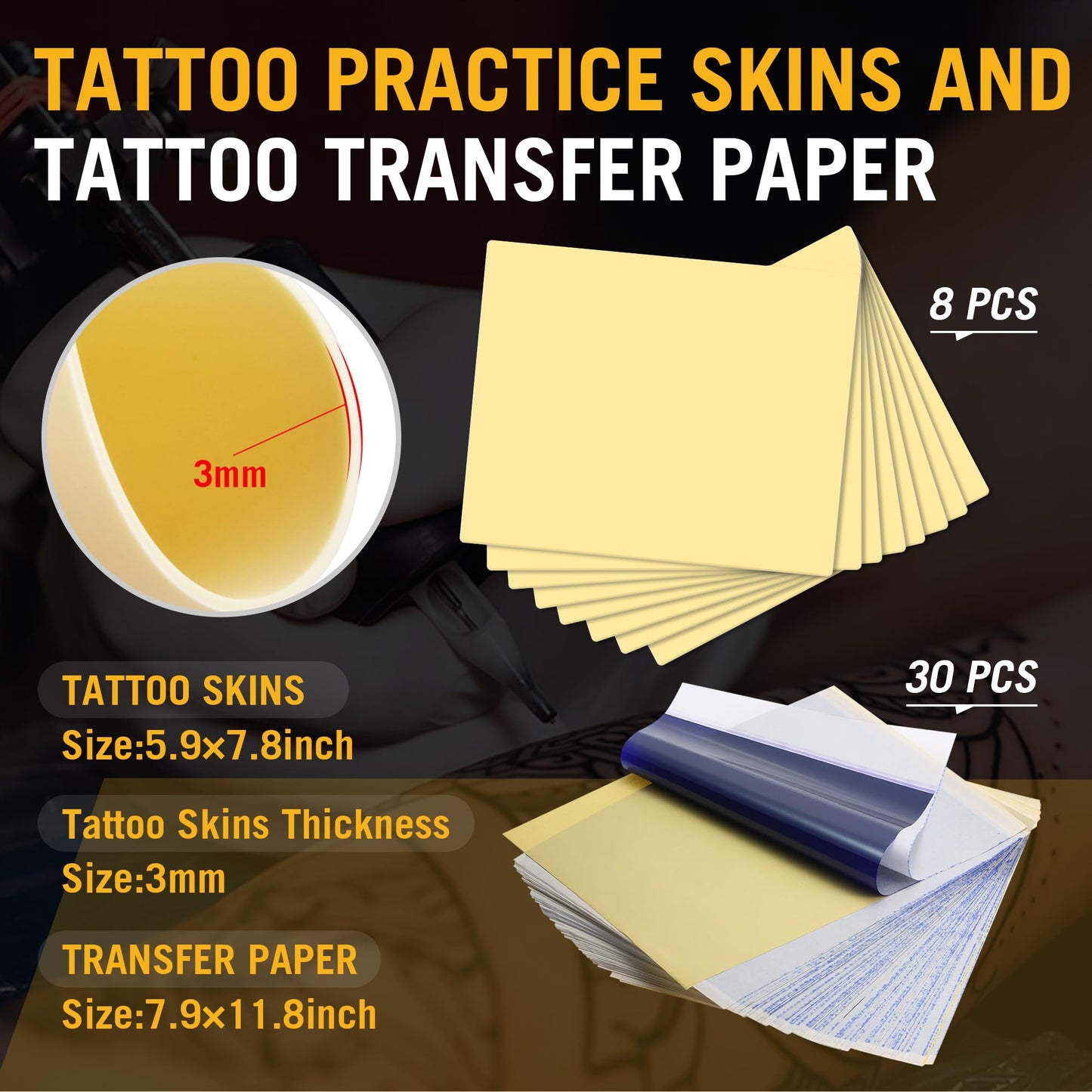 38Pcs 2 IN 1 Tattoo Practice Kit-8pcs 3mm Tattoo Silicone Fake Skin with 30pcs Transfer Paper,for Eyebrow Tattooing,Microblading,Double Sided Fake Skin for Beginners & Experienced Artist (5.9x7.8")