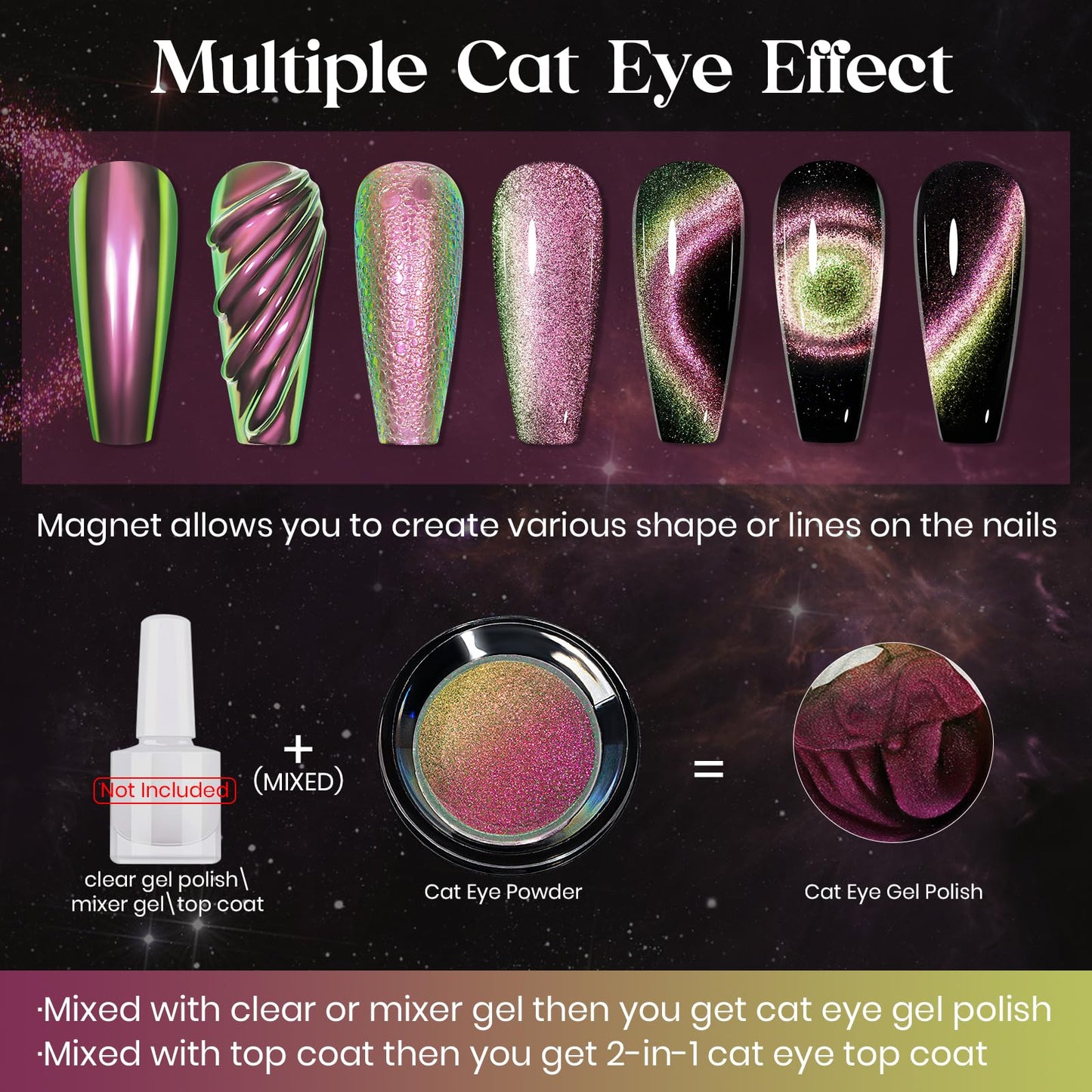 MIZHSE 9D Cat Eye Chrome Nail Powder Mirror Effect Pink Magnetic Glitter Pigment Powder for Gel Nails Chameleon Cateye Magic Galaxy Nail Art Powder with Magnet