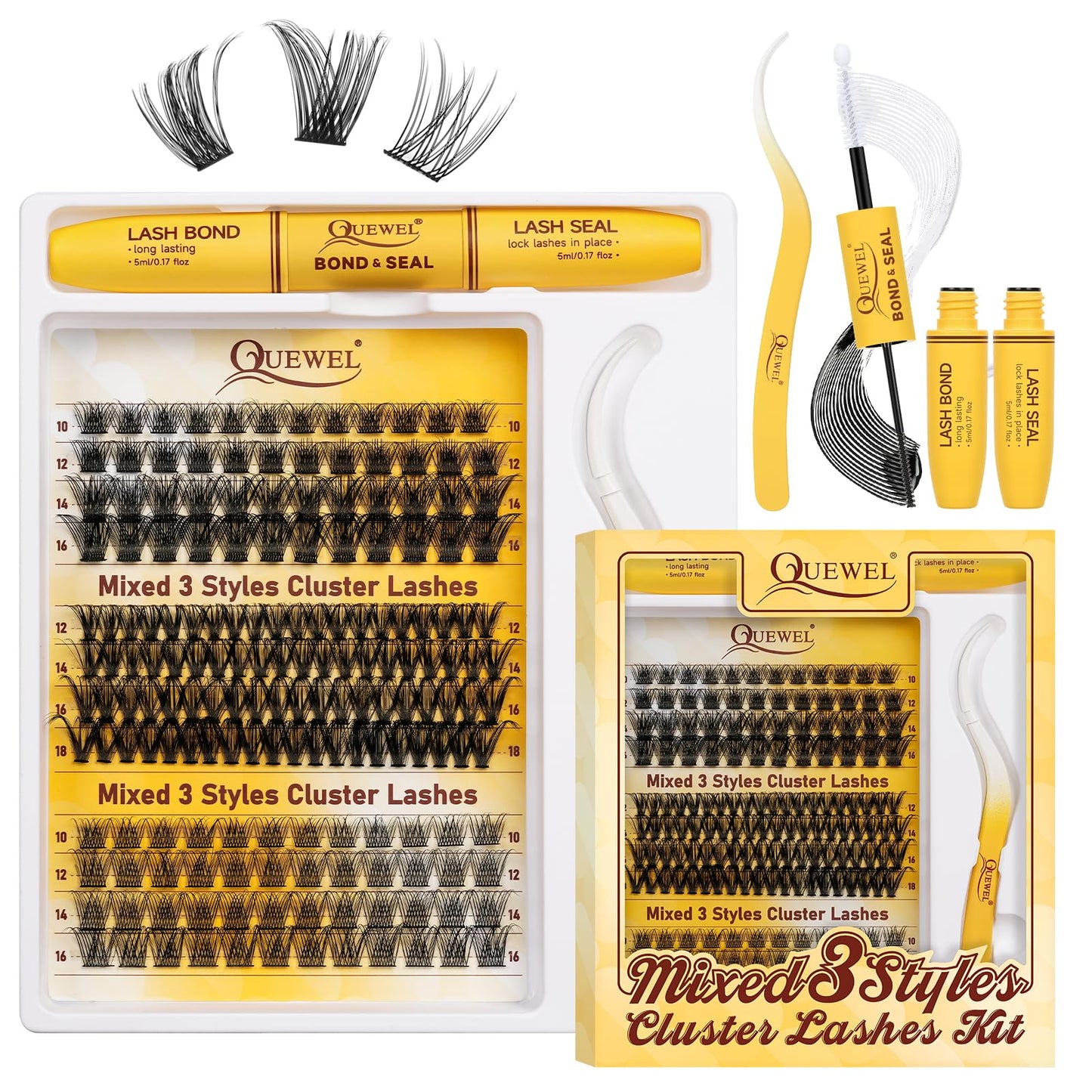 QUEWEL Lash Clusters Kit Multi-type Mixed Eyelash Clusters 144Pcs with Lash Bond and Seal, Cluster Lashes Tweezers, DIY Lash Extensions Kit can Create Kinds of Effects for personal(Style-B-PL2)