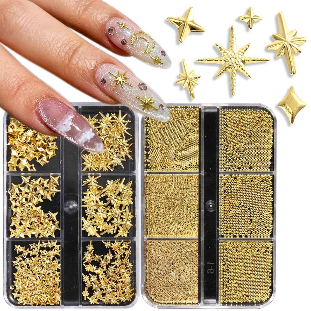 Fspronail Star Nail Charms, 2 Boxes Gold Nail Charms Twinkle Stars Cross Metal Charms for Nails Design Studs Rivets Mix Size Gold Caviar Nail Beads Y2K Decoration for Acrylic Nails