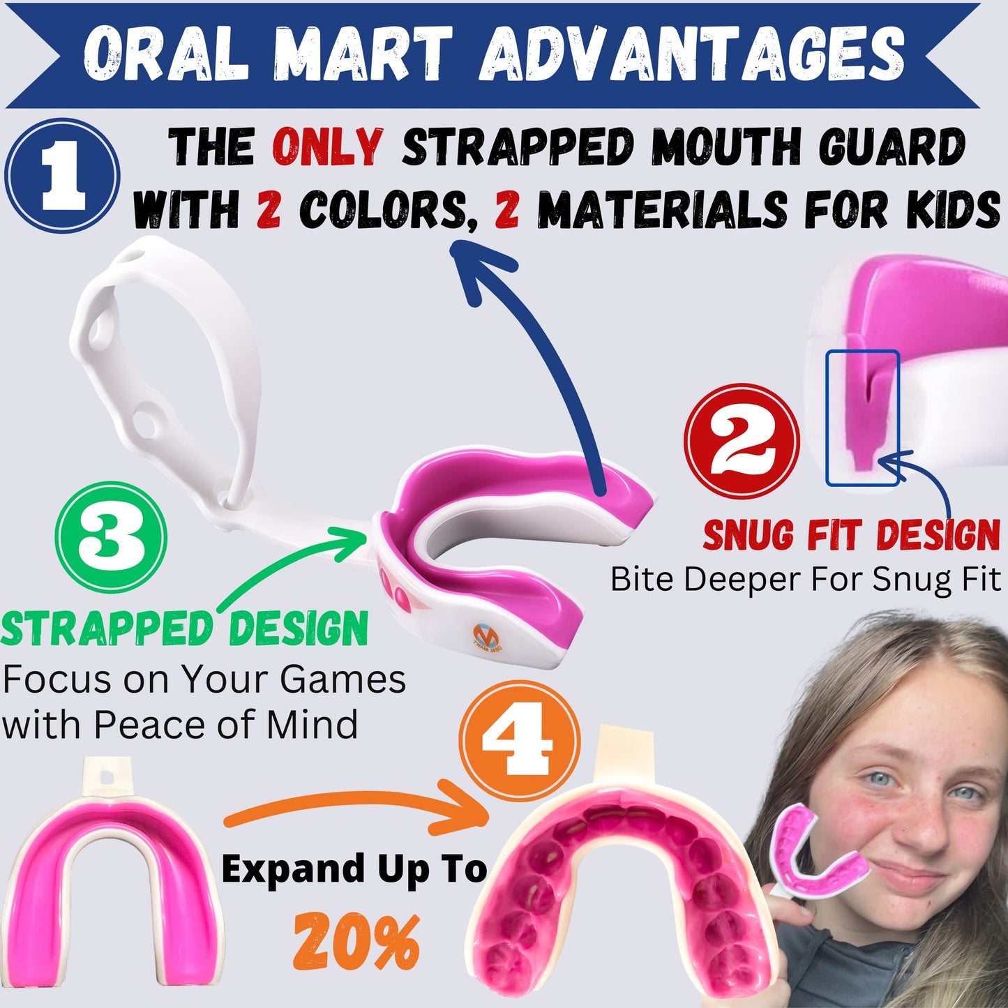 Oral Mart Pink Fangs Strapped Youth Mouthguard for Kids - Sports Mouthguard with Connected Strap for Ice Hockey, Football, Lacrosse, Taekwondo