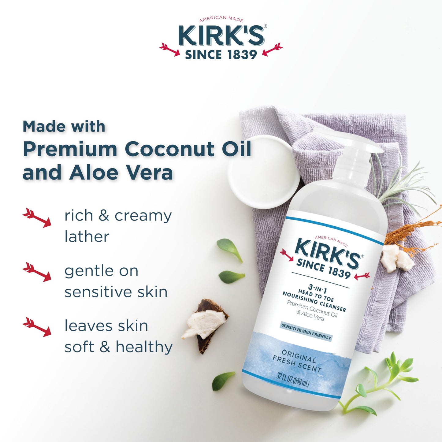 Kirk's 3-in-1 Head to Toe Nourishing Liquid Cleanser- for Men, Women & Children - Premium Coconut Oil & Aloe Vera- Non GMO & Vegan -Original Fresh Scent - 32 Fl Oz