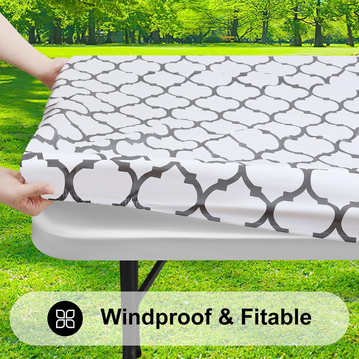 smiry Rectangle Picnic Tablecloth, Waterproof Elastic Fitted Table Covers for 4 Foot Tables, Wipeable Flannel Backed Vinyl Tablecloths for Camping, Indoor, Outdoor (White Morocco, 30x48 Inches)