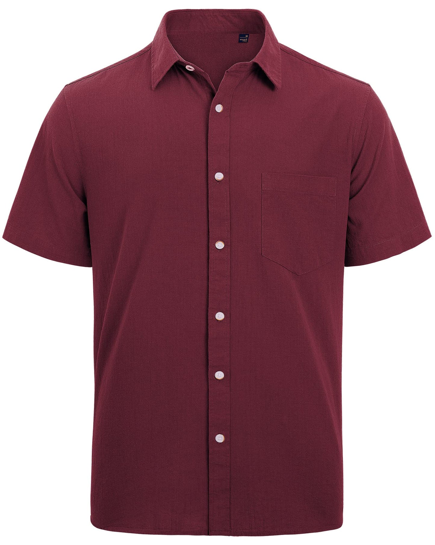 J.VER Men's Casual Button Up Linen Shirt Solid Short Sleeve Work Shirt Loose Fit Vacation Tees with Pocket Burgundy Medium