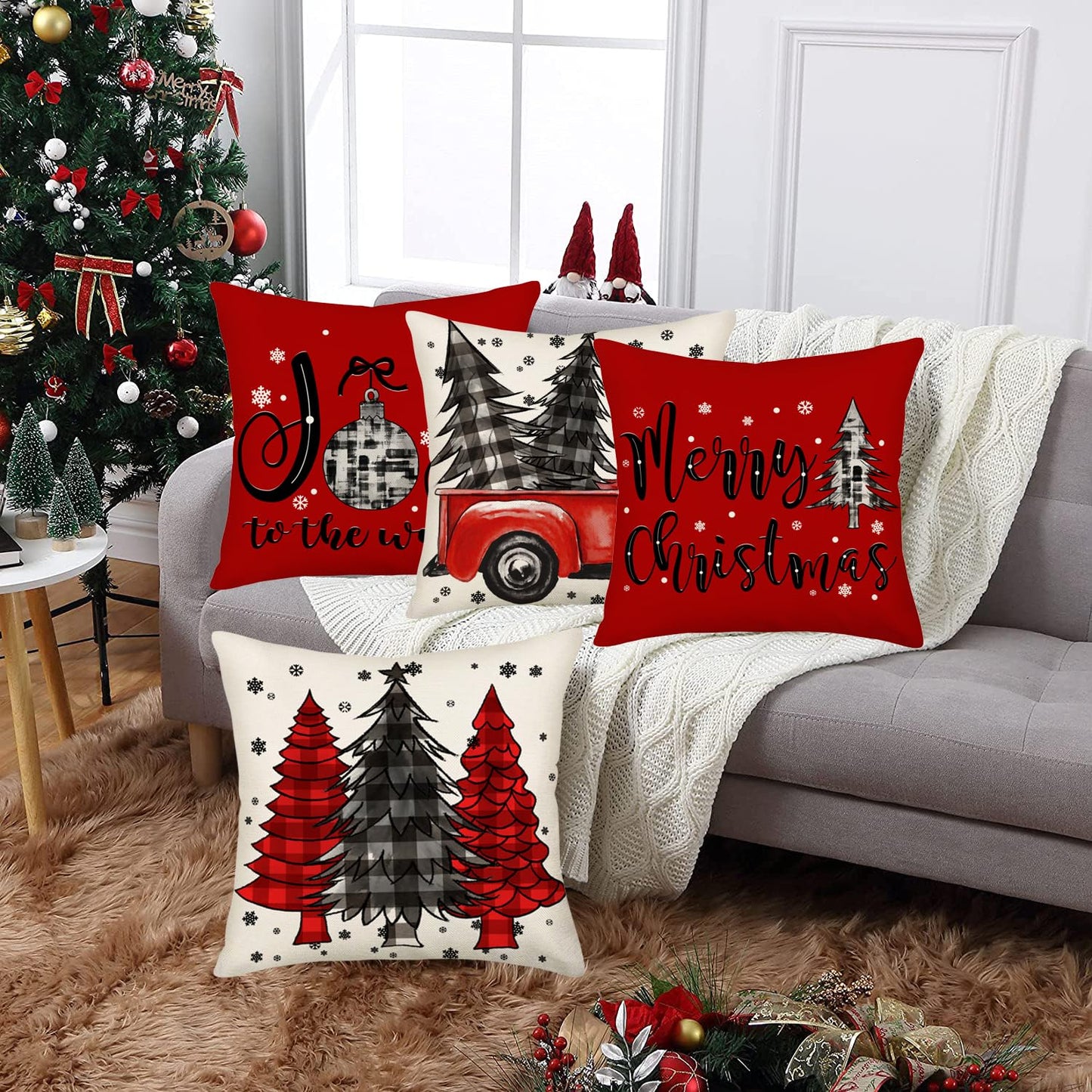 Fukeen Merry Christmas Pillow Covers 22x22 Inch Set of 4 Red Black Buffalo Plaid Farmhouse Truck Christmas Tree Decorations Throw Pillows Snowflake Joy to The World Winter Cushion Covers Couch