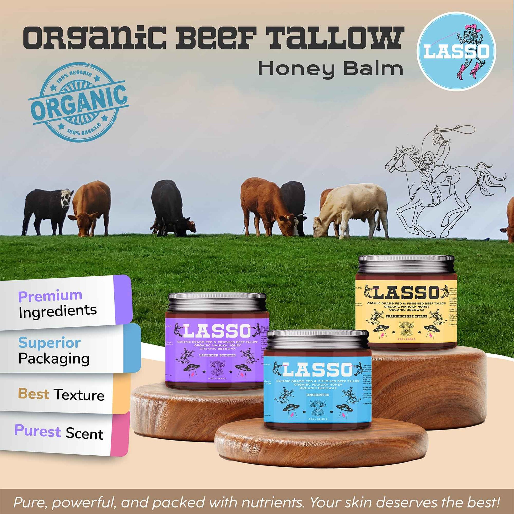 LASSO Beef Tallow Face Moisturizer with Grass-Fed/Finished Beef Tallow for Skin, Organic Manuka Honey and Beeswax, Unscented and Manuka Honey Balm
