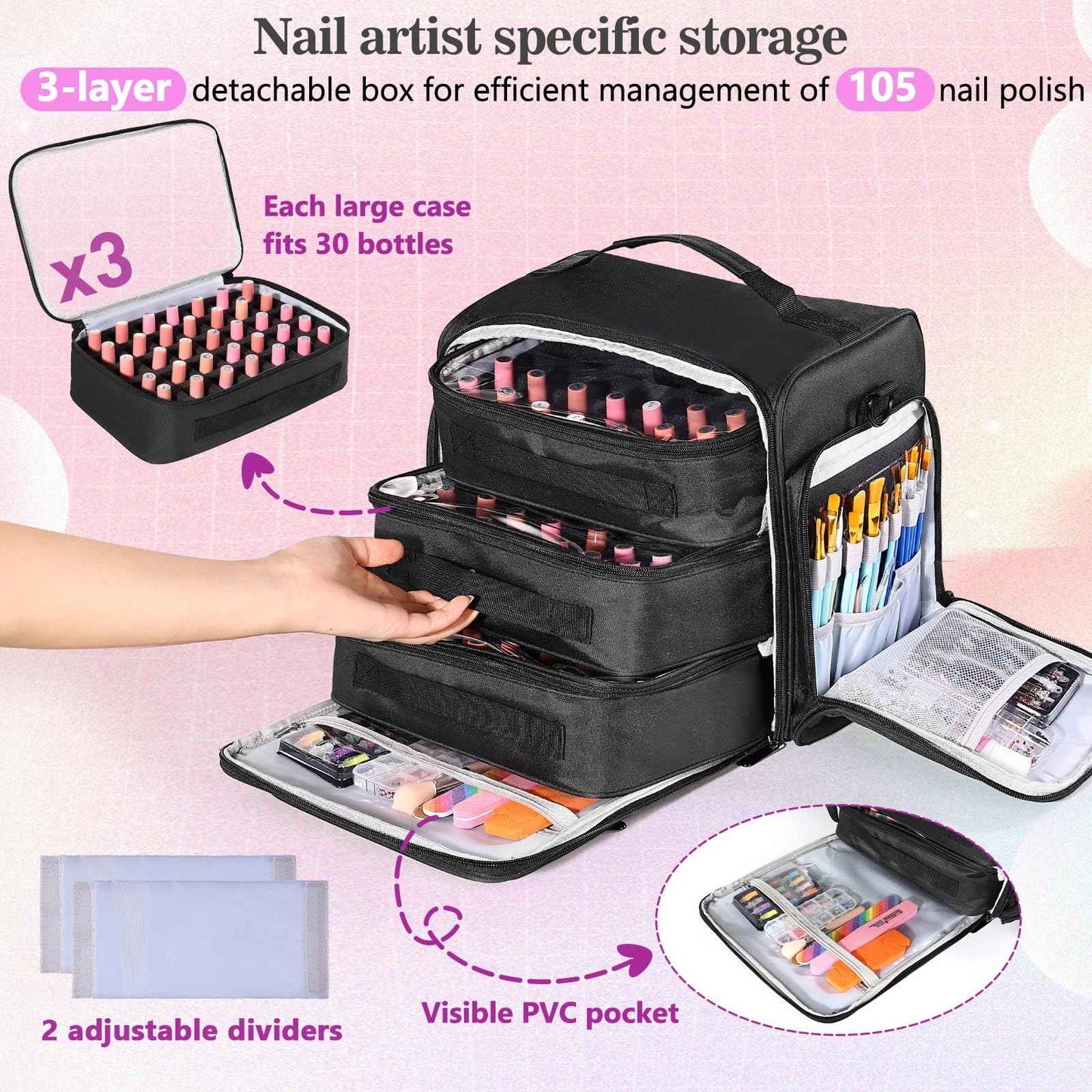 ZWRTU Extra Large Nail Polish Organizer Case Holds 105 Bottles with 3 Removable Pouches for Manicure Tools, Supplies, Nail Lamp, Gift for Girls