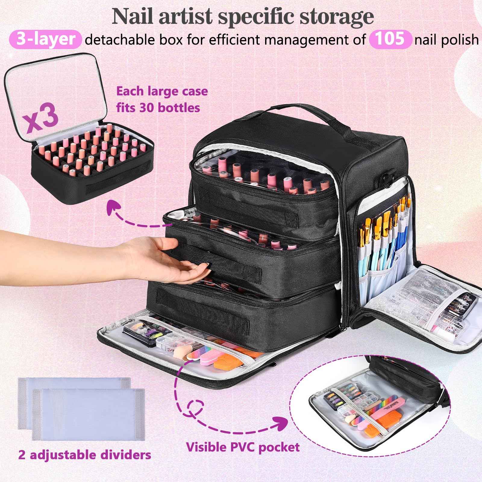 ZWRTU Extra Large Nail Polish Organizer Case Holds 105 Bottles with 3 Removable Pouches for Manicure Tools, Supplies, Nail Lamp, Gift for Girls