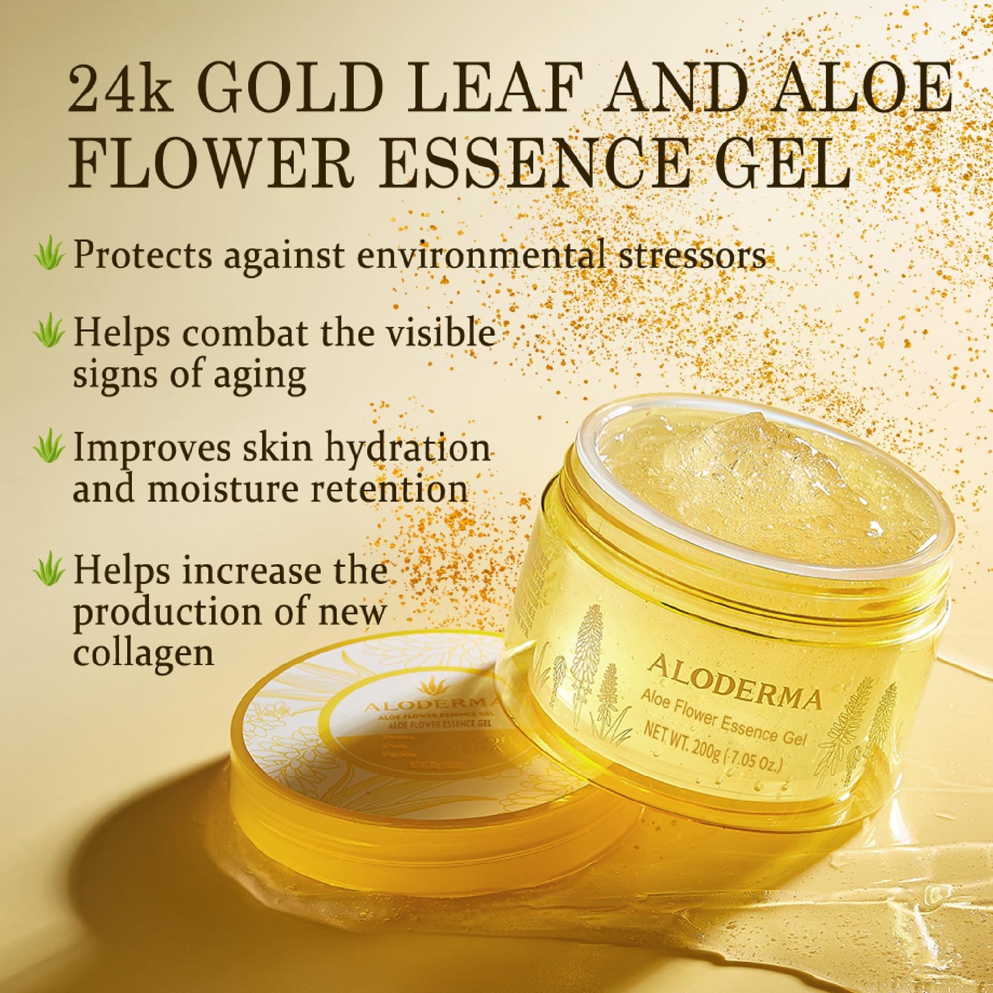 Aloderma Age-Defying 24K Gold Leaf Aloe Flower Essence Gel, Made within 12 Hours of Harvest - Luxurious Aloe Gel with Allantoin & Hyaluronic Acid for a Glowing, Shimmering, Youthful Complexion, 7oz