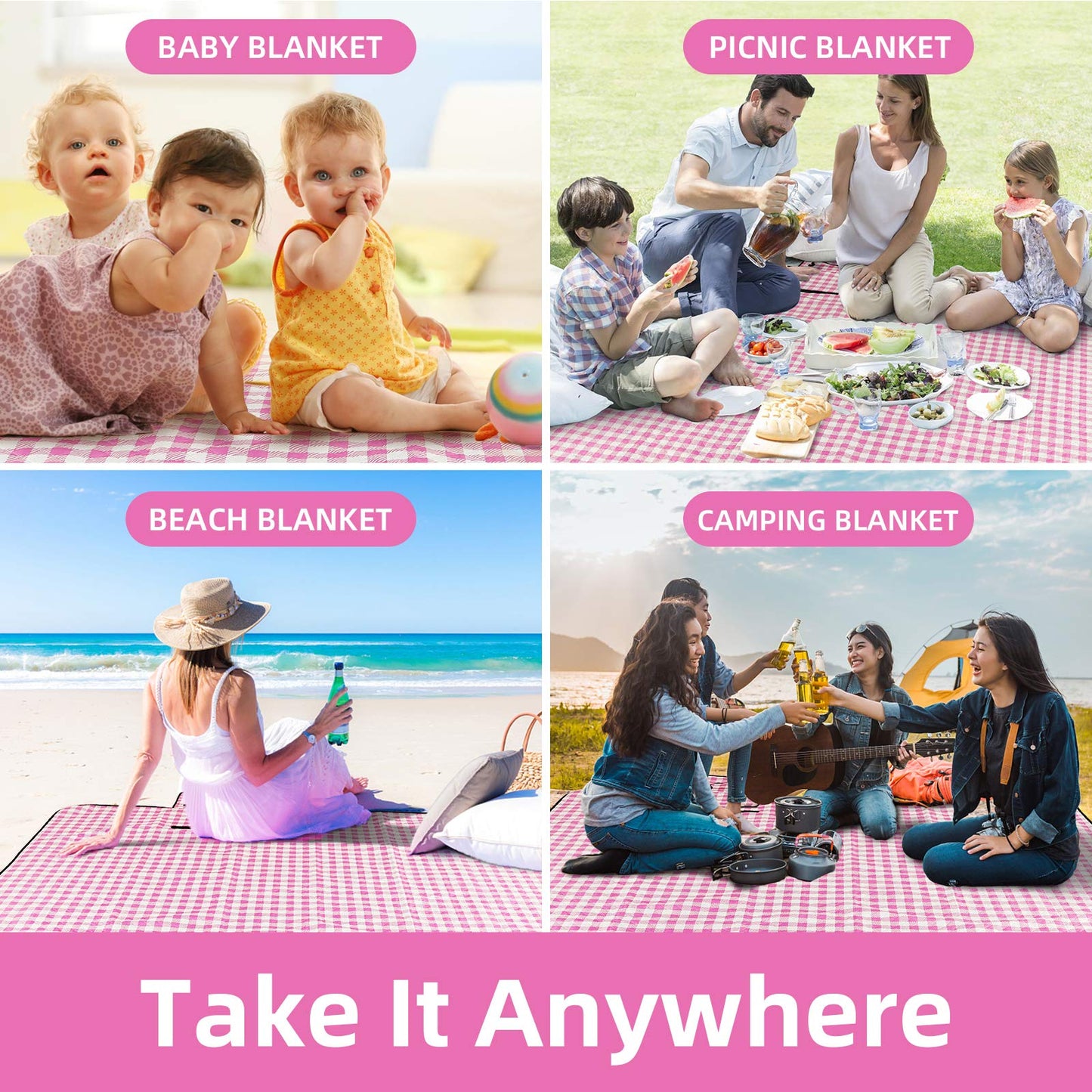 ZAZE Picnic Blanket Waterproof Sandproof, 80''x80'' 3-Layer Cute Compact Extra Large Machine Washable Foldable Beach Mat, Big XL Outdoor Blankets for Spring Summer Camping, Park, Grass(Pink and White)