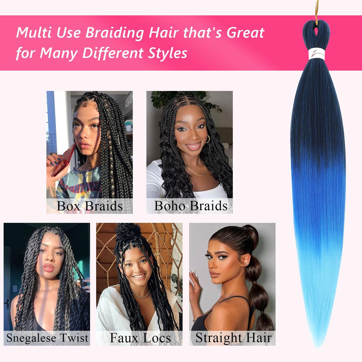 Braiding Hair Pre Stretched Ombre Braiding Hair Extensions for Braids 8Packs Long Braids Crochet Hair for Braiding 26 Inch EZ Braids Hot Water Setting Braiding Hair(70℃/80℃)