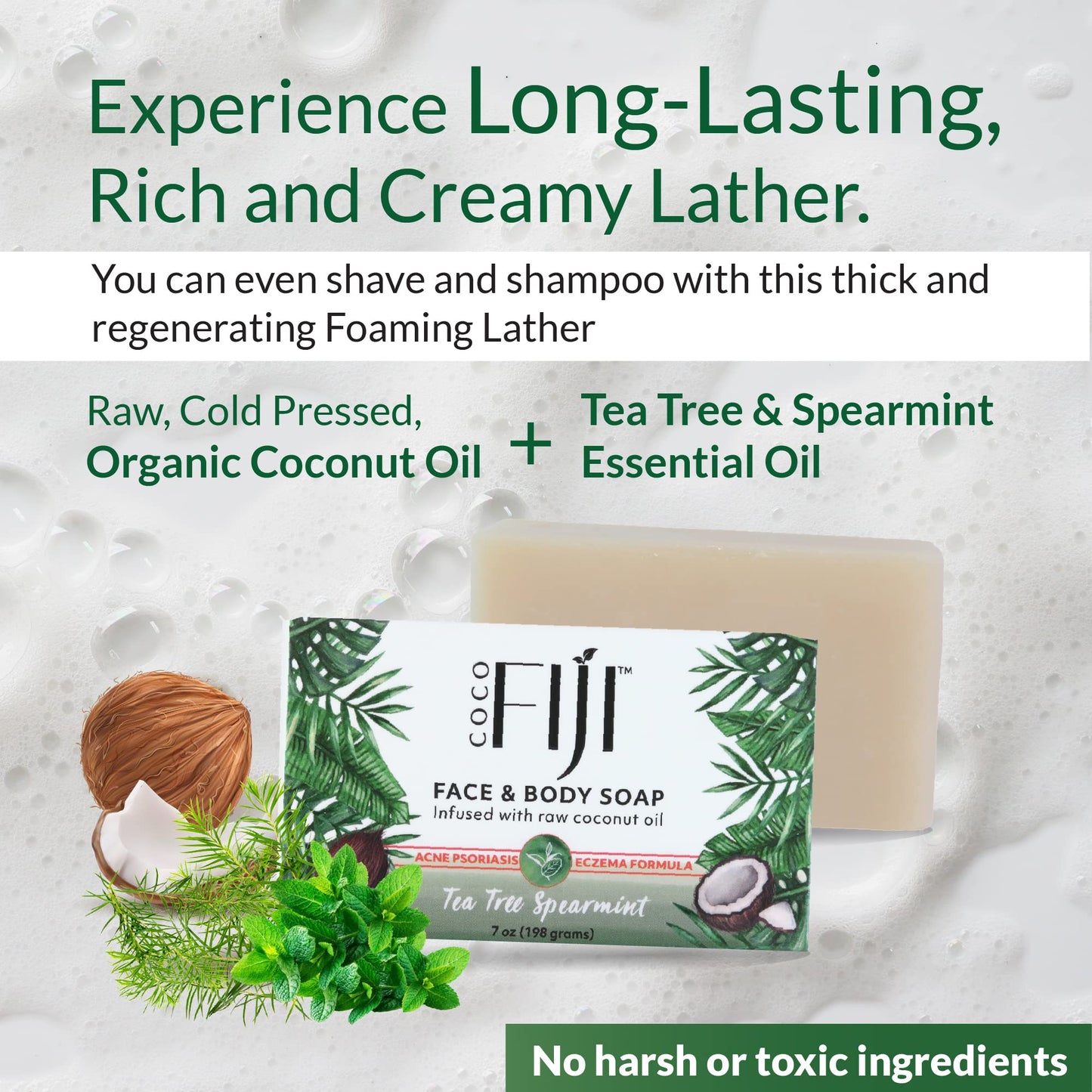 Coco Fiji Soap Bar for Face and Body Infused With Organic Coconut Oil, Tea Tree Spearmint, Essential Oil, Natural Soap for Moisturizing & Pore Purifying Skin, 7 oz,Pack of 2