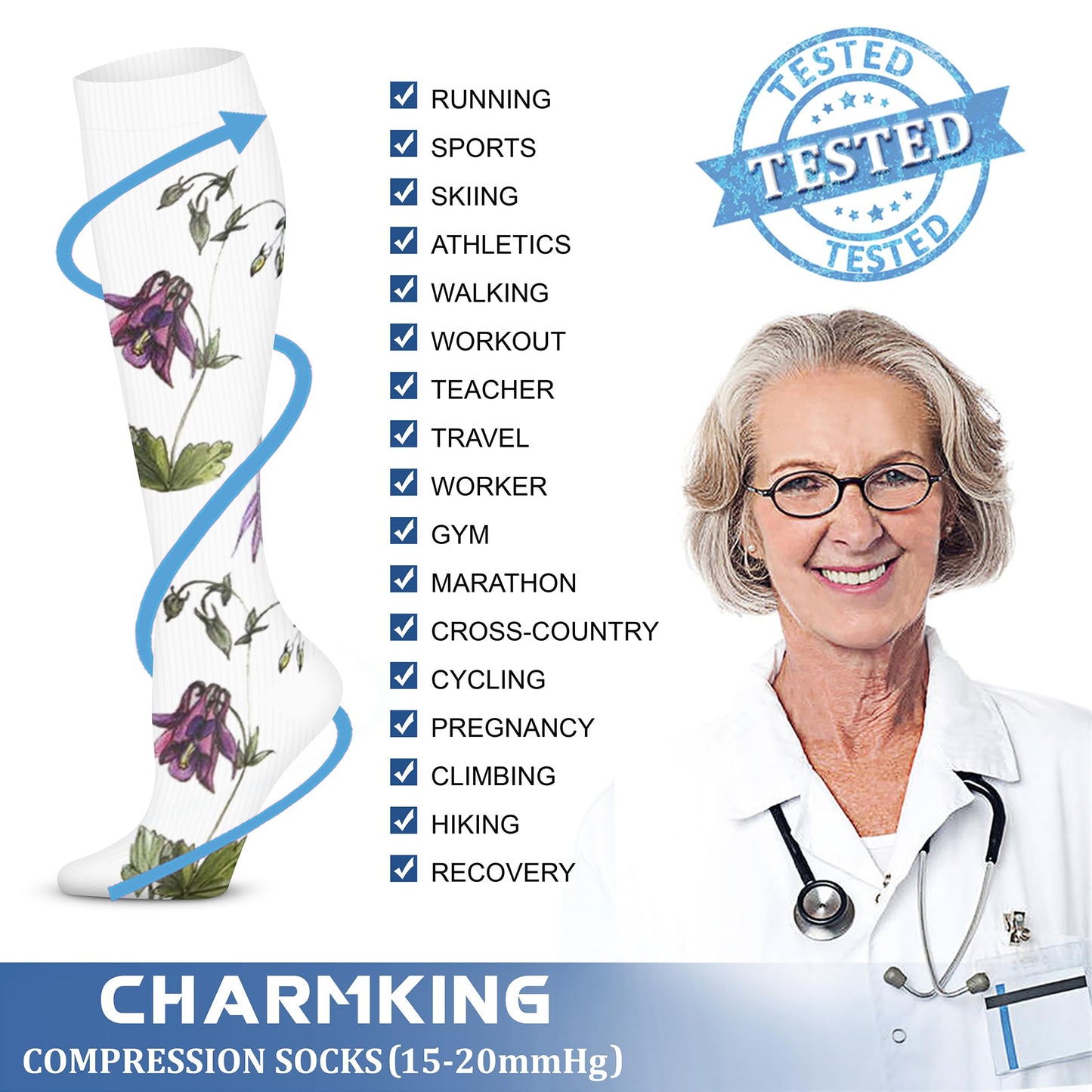 CHARMKING Compression Socks for Women & Men Circulation (3 Pairs) 15-20 mmHg is Best Athletic for Running, Flight Travel, Support, Cycling, Pregnant - Boost Performance, Durability (S/M, Multi 66)