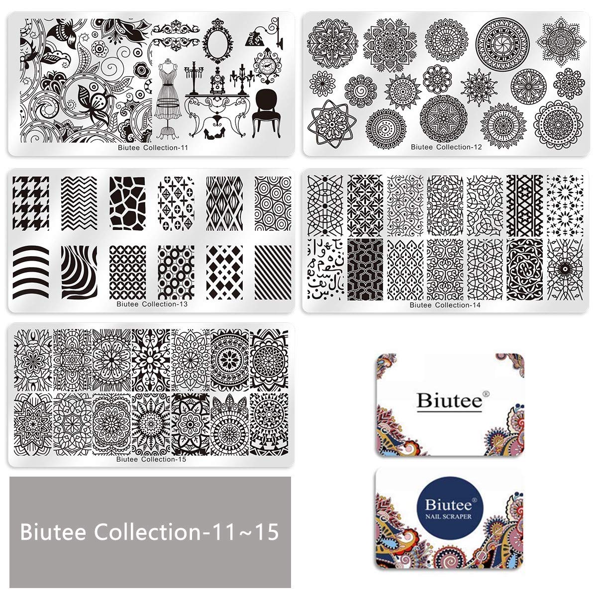 Biutee 19pcs Nail Stamp Plates set 15 plate 1Stamper 2Scraper 1storage bag Nails Art Stamping Plate Scraper Stamper Set Leaves Flowers Animal Nail plate Template Image Plate