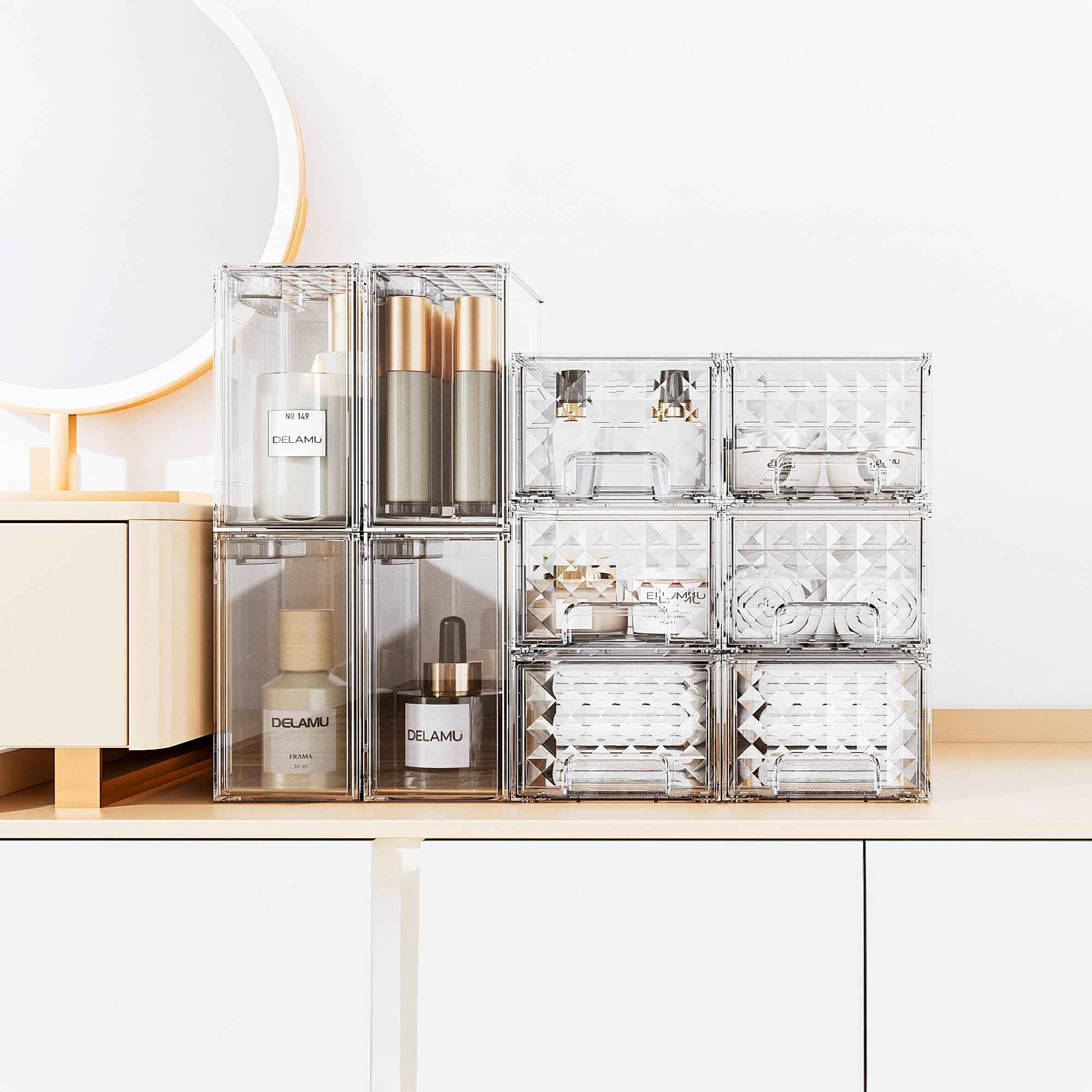 Delamu 6 Pack Stackable Storage Drawers, Makeup Skincare Holder Vanity Storage Organizer, Plastic Drawers For Vanity Desk, Undersink, Kitchen Cabinet, Pantry, Clear, Ideal Christmas Gifts for Girls
