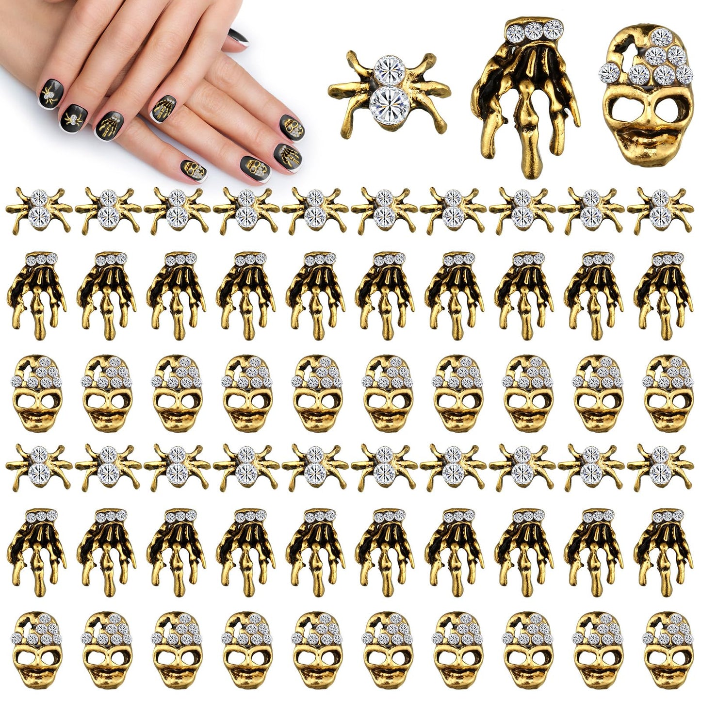 60 Pieces Halloween Nail Charms Skull Spider Nail Charms Skull 3D Spider with Rhinestones Halloween Nail Jewelry Vintage Alloy Skeleton Hand Nail Accessories for Women(Antique Gold)