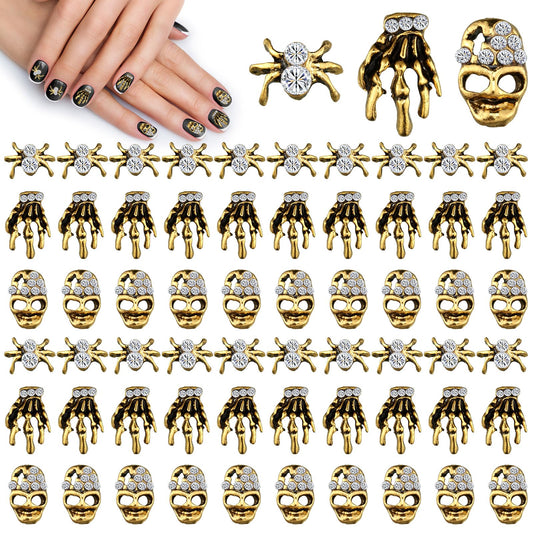 60 Pieces Halloween Nail Charms Skull Spider Nail Charms Skull 3D Spider with Rhinestones Halloween Nail Jewelry Vintage Alloy Skeleton Hand Nail Accessories for Women(Antique Gold)