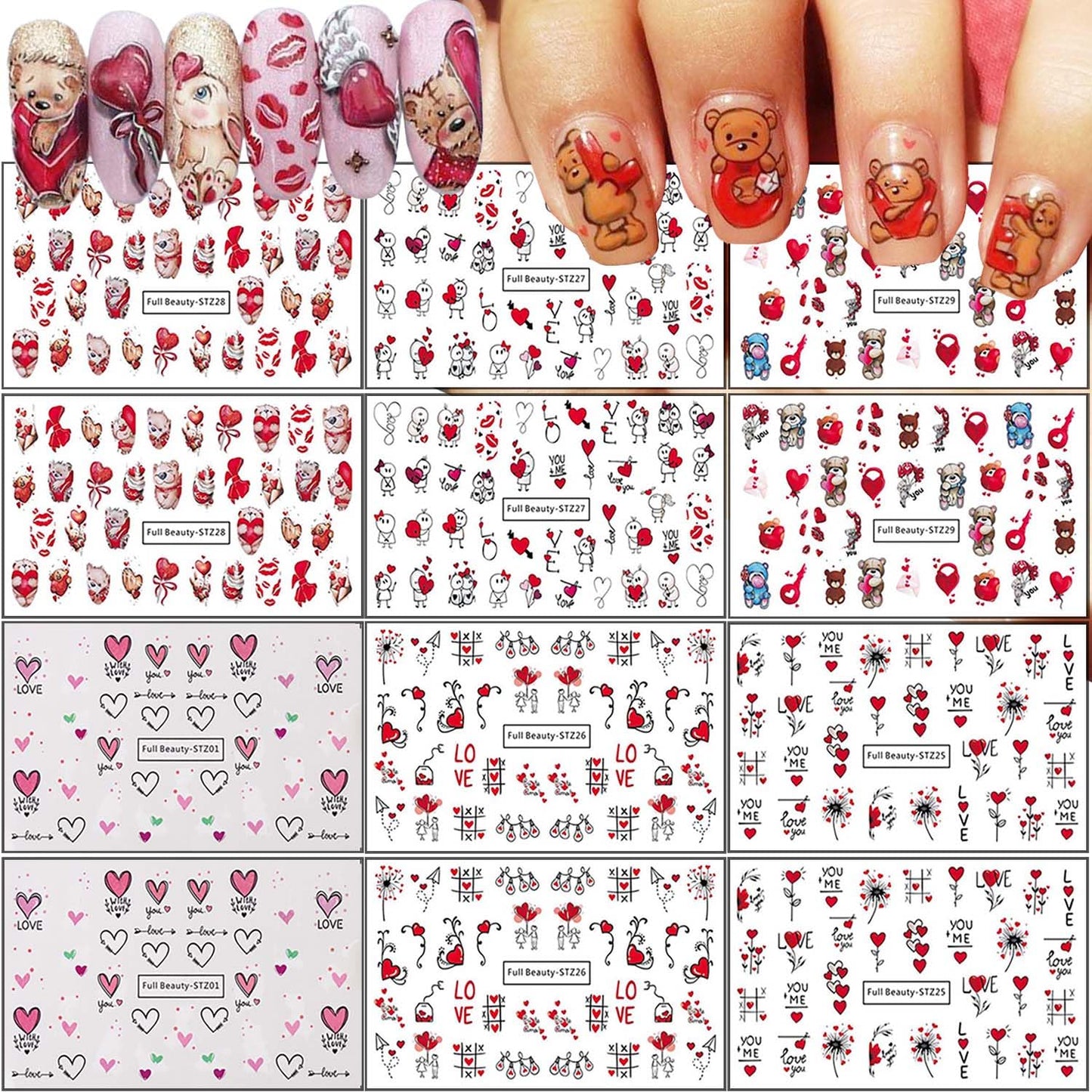 Valentine's Day Nail Stickers DIY Water Transfer Nail Stickers Heart Love Cute Bear Sexy Lips Love Letter Nail Art Design Supplies False Nail for Women Girls Decoration 12 Sheets