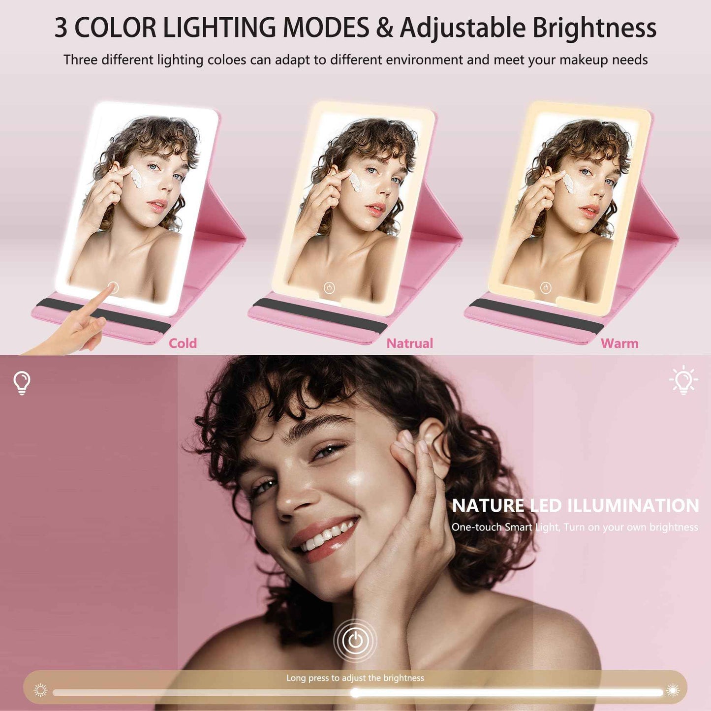 WangSelect Travel Makeup Bag with Light-up Mirror Portable Cosmetic Organizer Train Case with Adjustable Dividers & Brushes Holder &1X/10X Magnifying Compact Mirror & Eyebrow Trimmer- Pink