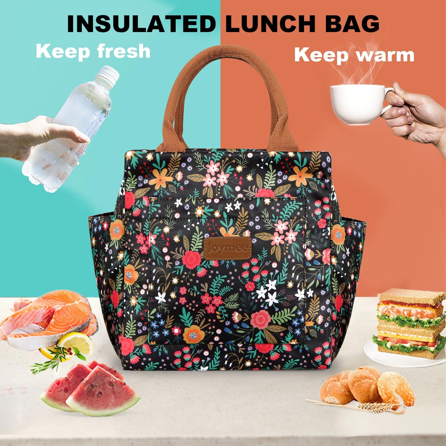 Joymee Lunch Bag Women Insulated Lunch Box Reusable Leakproof Large Spacious Cooler Tote for Womens Mens Adults with Bottle Holder and Side Pockets for Work Office Travel Picnic - Multi-Floral