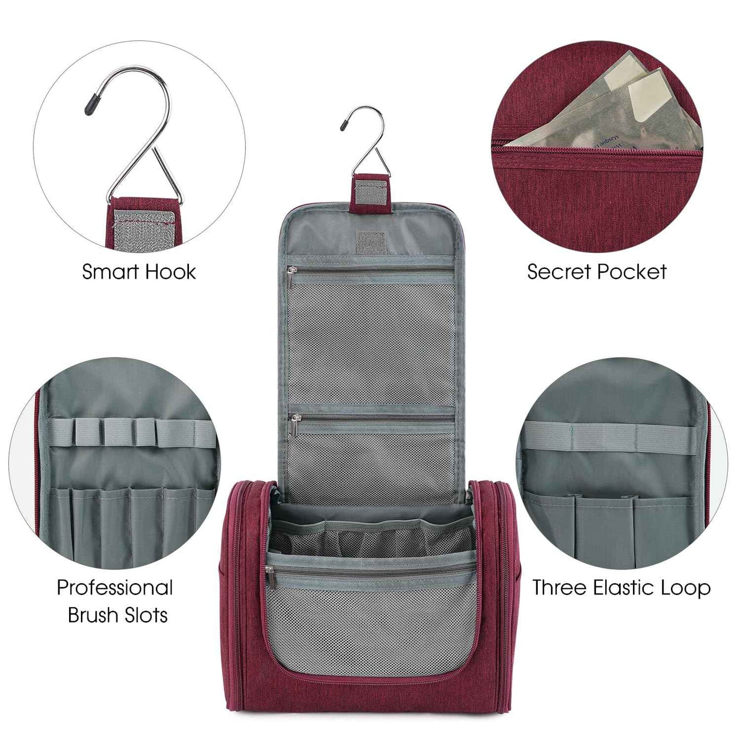 WANDF Large Hanging Toiletry Bag Travel Cosmetic Makeup Organizer Water-Resistant Shower Bathroom Bag for Women and Men (Red)