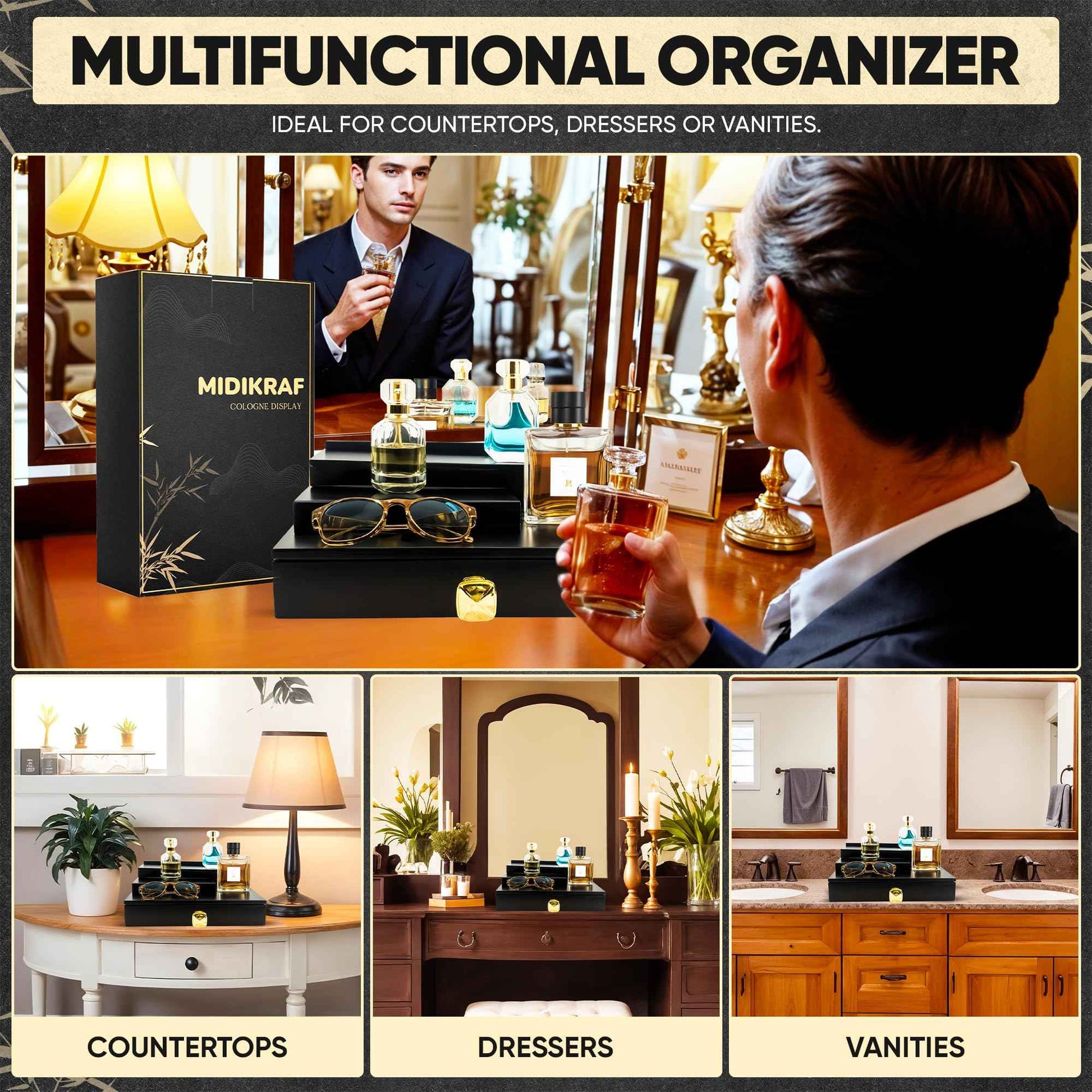 Wooden Cologne Organizer for Men – 3-Tier Cologne Shelf for Perfume Display with Hidden Compartment, Perfume Tray & Rack for Dresser, Stylish Stand for Bathroom, Great Gift for Men