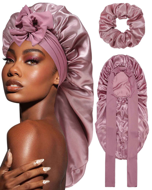 Long Satin Braid Bonnet for Women Silk Bonnet for Sleeping Sleep Cap with Elastic Tie Band Night Cap for Long Curly Hair Give Away Scrunchie(Bean Paste)