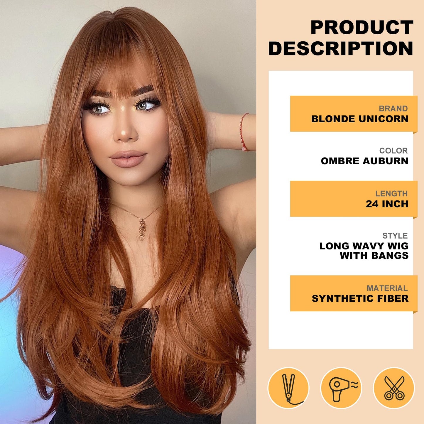 BLONDE UNICORN Orange Wigs for Women Long Auburn Red Wig with Bangs Layered Wigs for Women Red Wigs Auburn Hair Wigs for Women Cosplay Wigs