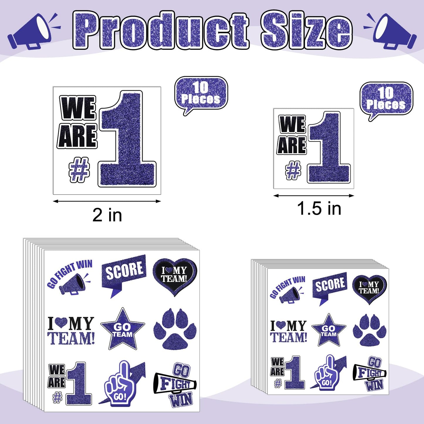 Colarr 180 Pcs Team Spirit Temporary Tattoo 2", 1.5" Face Body Paw Go Team Cheer Tattoo Removable Glitter School Spirit Stickers for Classroom Cheerleading Teams Carnival Sports Games (Purple, Black)