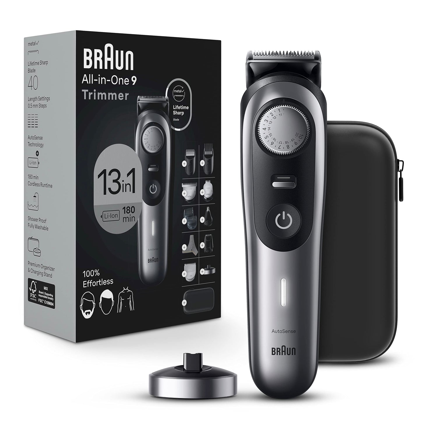 Braun All-in-One Style Kit Series 9 9440, 13-in-1 Trimmer for Men with Beard Trimmer, Body Trimmer for Manscaping, Hair Clippers & More, Braun’s Sharpest Blade, 40 Length Settings,