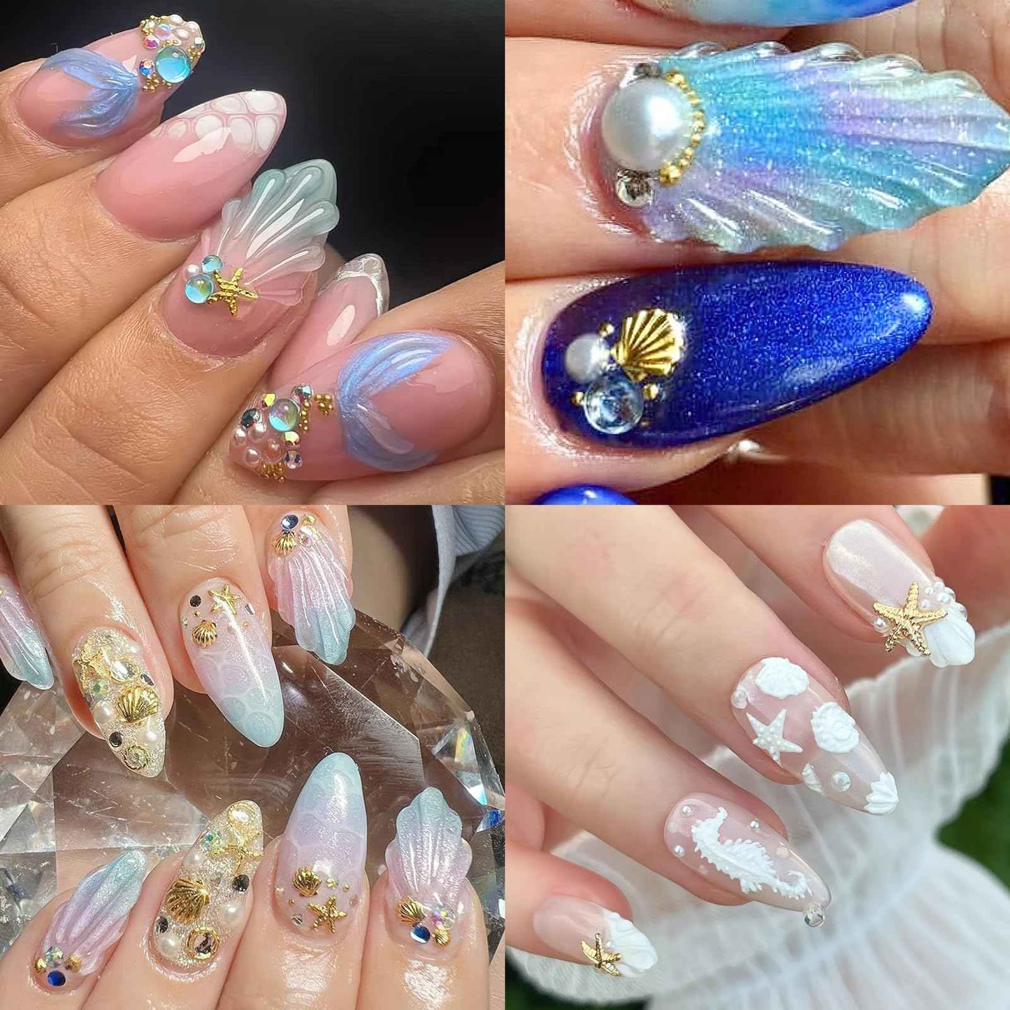 ROFIBUT Summer Nail Charms 3D Steel Studs Metal Art Charms Pearls Seashell Starfish Gold Rhinestones Ocean Theme Designs Nail Supplies for Women Girls Manicure 12 Grids