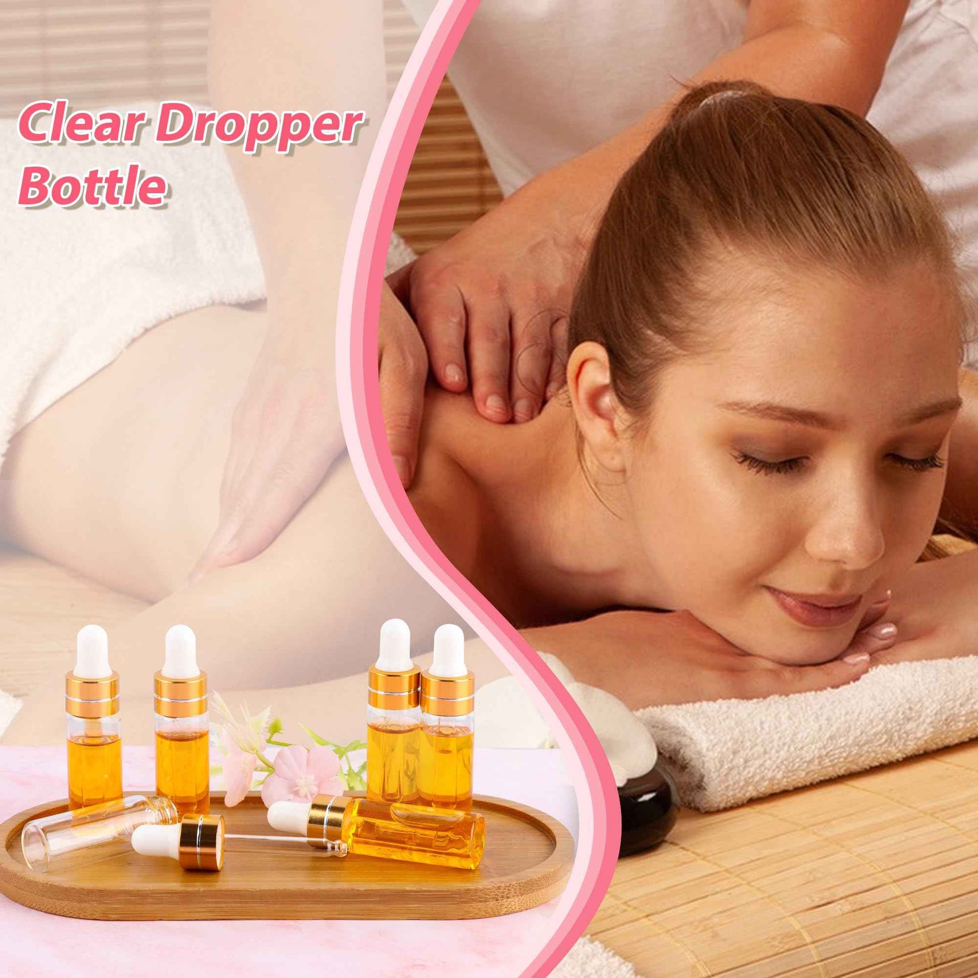 Comrzor 100 Pack 5ml Clear Glass Dropper Bottles with 4 Pcs Plastic Droppers, Mini Sample Dropper Bottles for Essential Oils Perfume Cosmetic Liquid, Empty Travel Sample Vials with Gold Cap