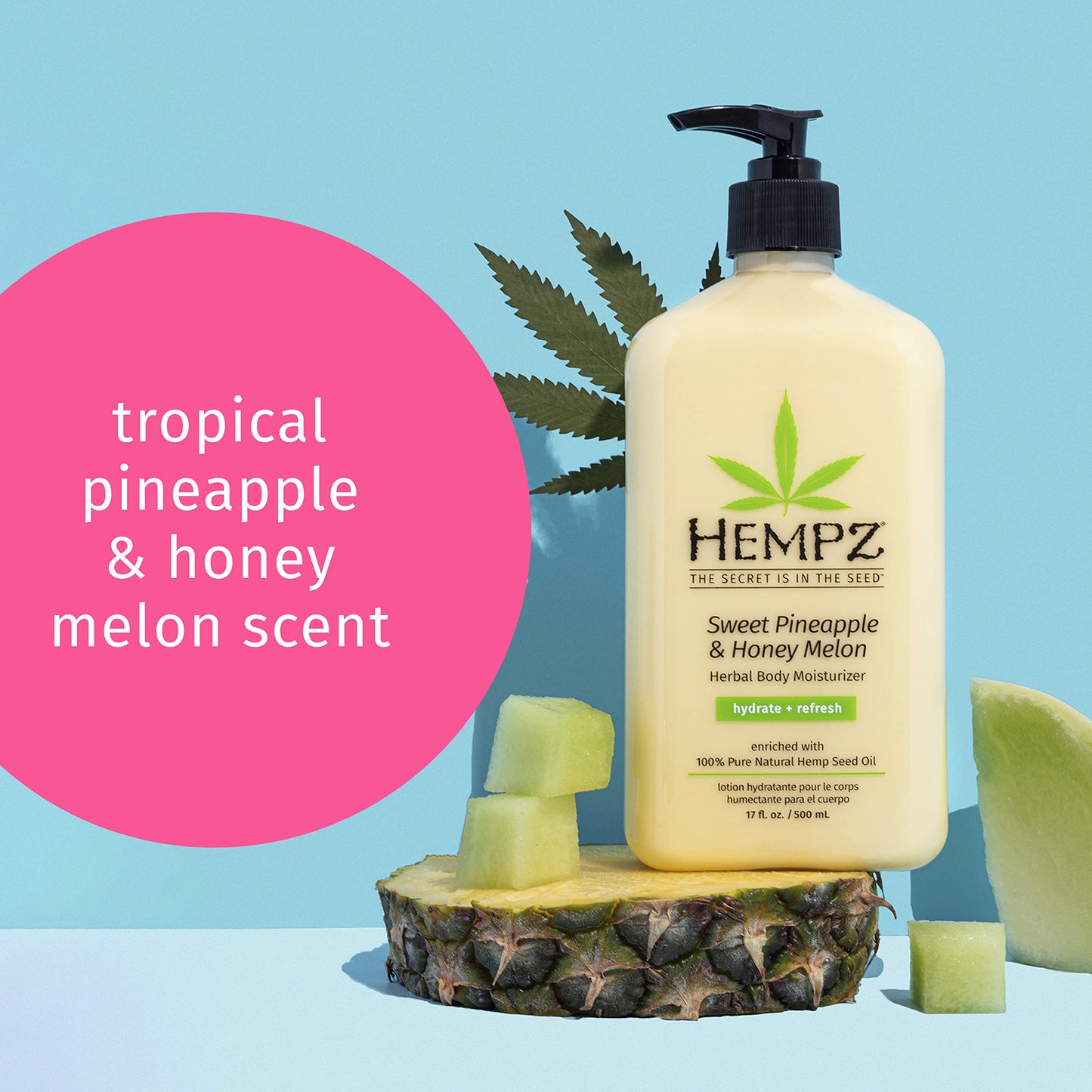 Hempz Body Lotion - Sweet Pineapple & Honey Melon + Coconut & Watermelon Daily Moisturizing Cream, Shea Butter, Aloe - Skin Care Products, Hemp Seed Oil - 17 fl oz, 2-Pack Bundle