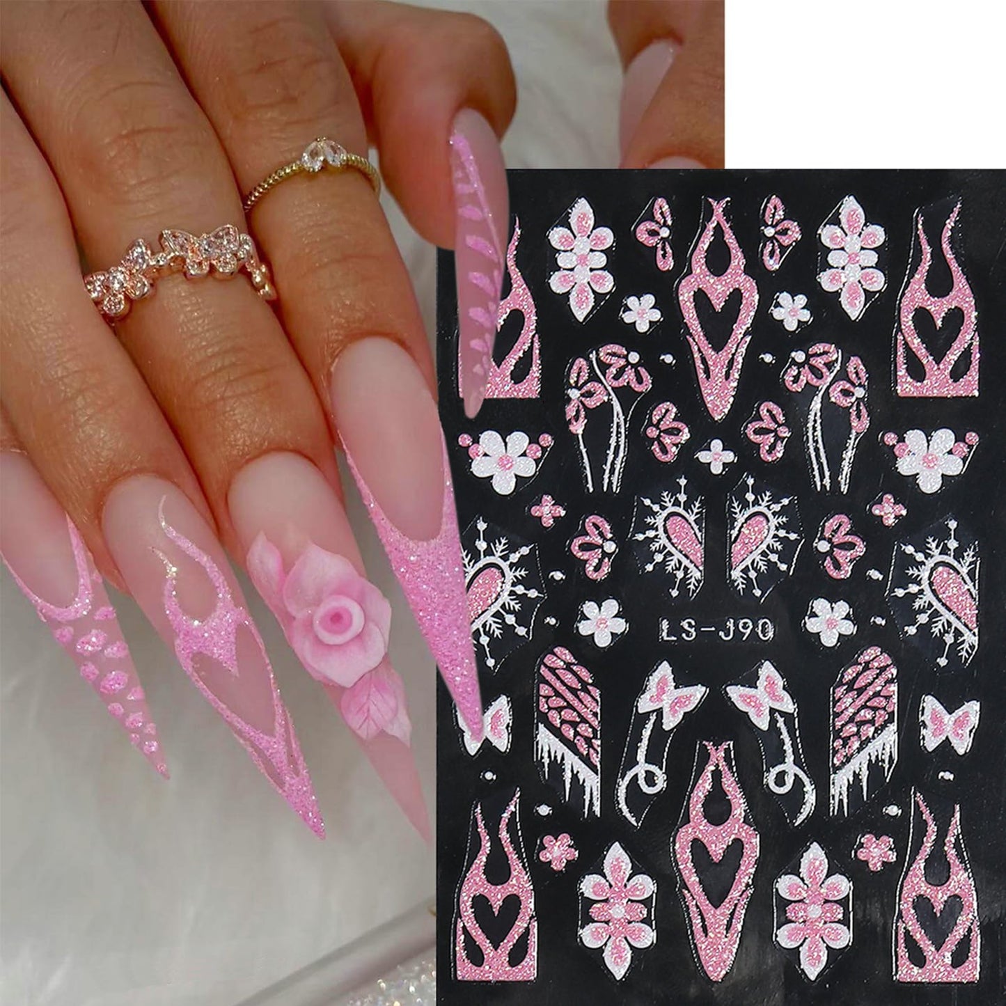 Mkwntg Pink Glitter Flame Butterfly Nail Art Stickers Glitter French Tip Nail Decals 3D Self-Adhesive Glitters Pink Luxury Heart Stars Nail Design Spider Web Nail Art Supplies for Women Girls 6 Sheets