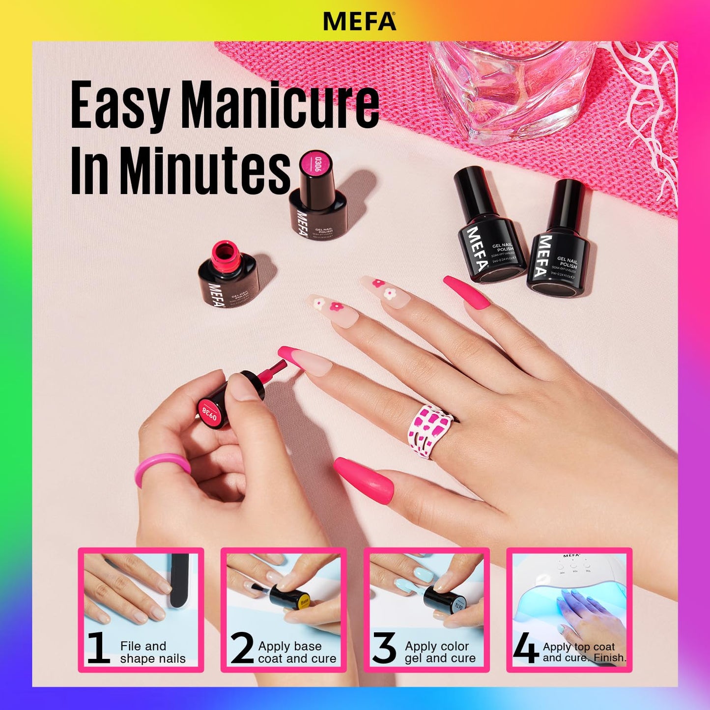 MEFA 35 Pcs Gel Nail Polish Set, 32 Colors Summer Neon Rainbow Bright Gel Nail Polish Kit with Base Coat No Wipe Glossy & Matte Top Coat Yellow Hot Pink Nail Art Manicure DIY Salon Home Gift for Women