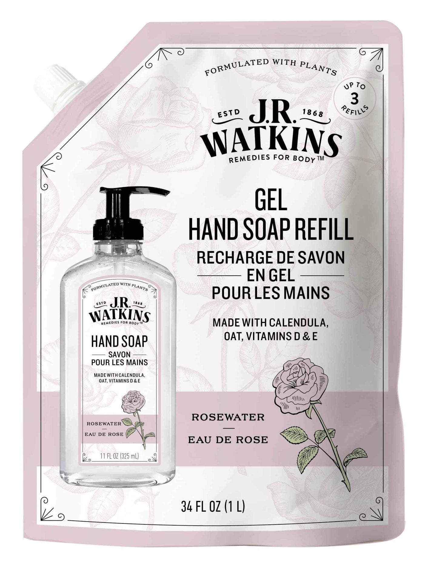 J.R. Watkins Rosewater Liquid Hand Soap Refill Pouch 1 L