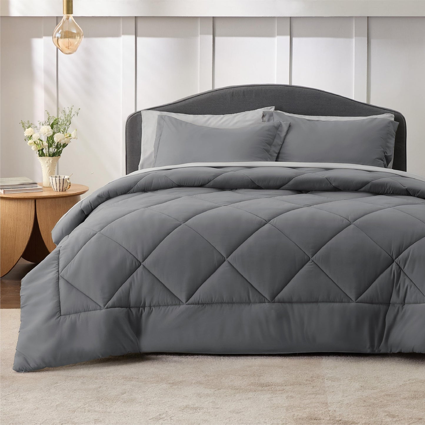 Bedsure Dark Grey Twin Comforter Set - 5 Pieces Reversible Twin Bed in a Bag for College, Extra Long Twin Bed Set Dark Grey with Comforters, Sheets, Pillowcase & Sham